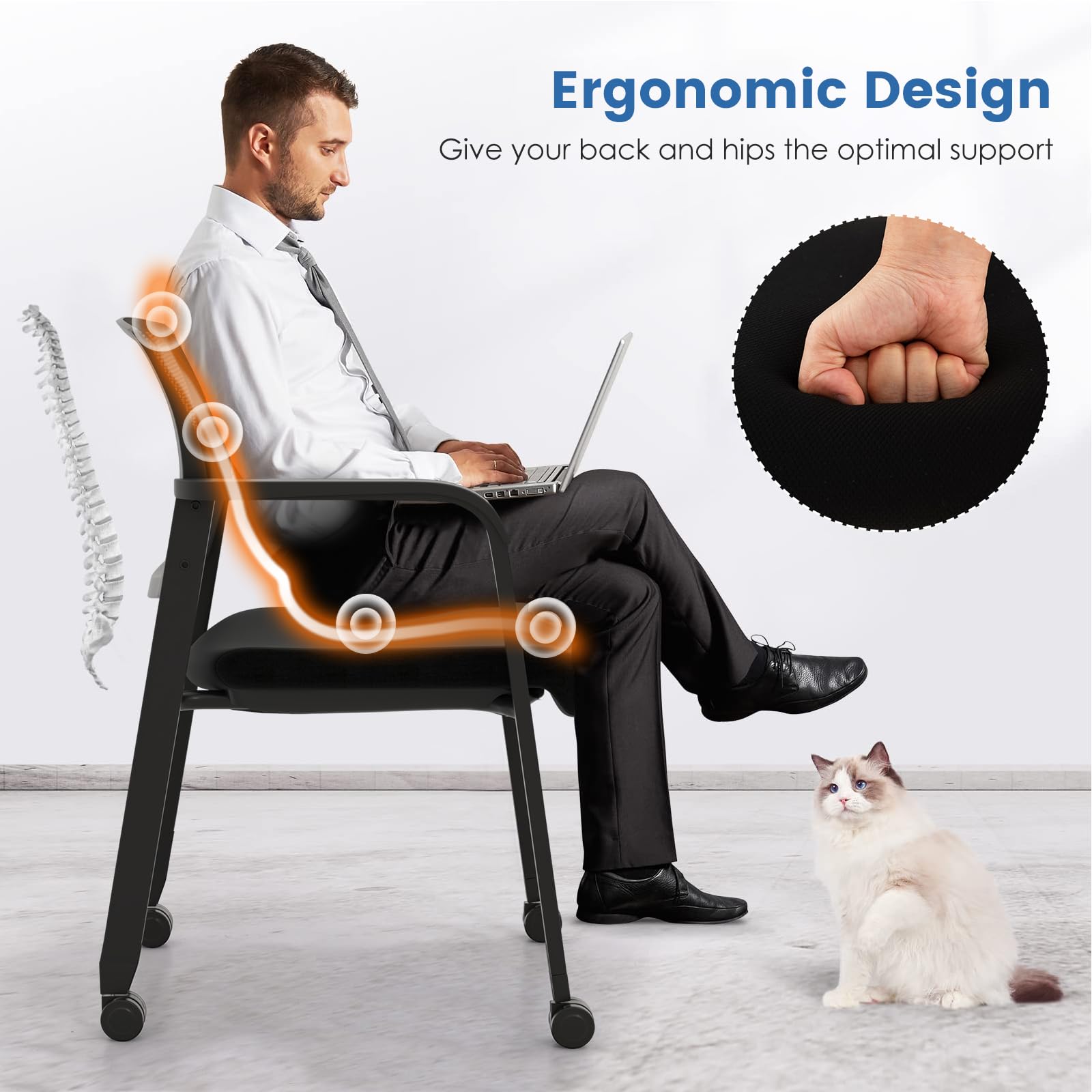 Tangkula 2-Pack Rolling Conference Room Chairs - Stackable Office Guest Chairs with Breathable Mesh Back, Adjustable Armrests & Smooth PU Wheels - Perfect for Business Meetings, School Classrooms, Hotel Lobbies & Waiting Areas - Black