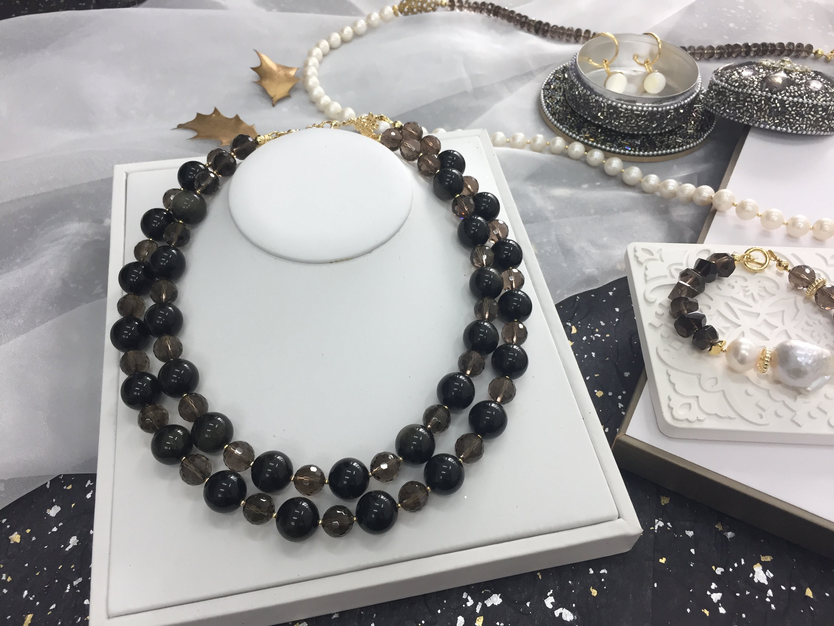 Black Obsidian and Smoky Quartz Double Strand Necklace - Protection & Grounding Crystal Jewelry for Women - Perfect for Meditation, Energy Healing & Spiritual Gifts