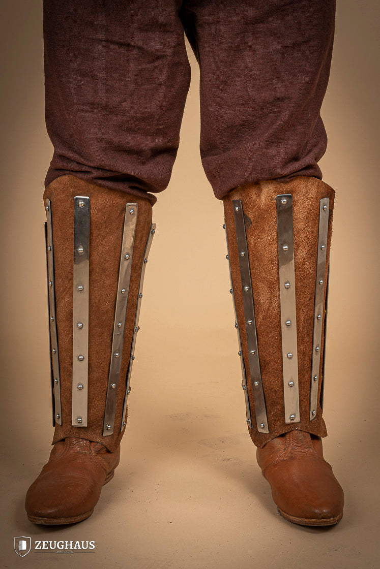 Premium Brown Suede Leather Greaves with Splints - Medieval Armor for LARP, Cosplay & Renaissance Fairs - Perfect for Knights & Warriors