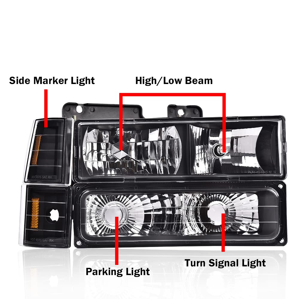 PIT66 Headlight Assembly for 1994-1998 Chevy C10 C/K 1500 2500 3500 & 94-99 Chevy Tahoe Suburban - Clear Lens with Amber Reflector, Turn Signal & Bumper Lights - Perfect for Night Driving, Off-Roading & Vehicle Restoration