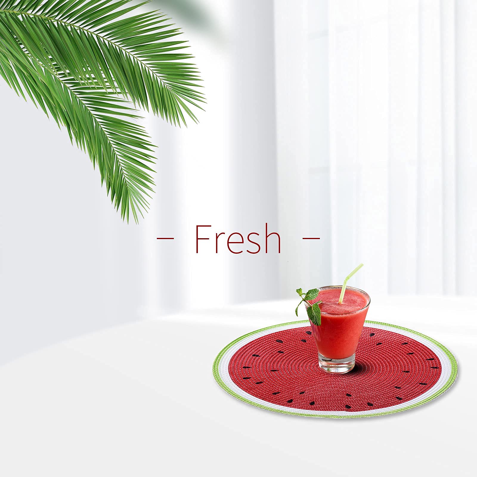 AHHFSMEI 15 Inch Round Braided Placemats Set of 6 - Natural Woven Heat Resistant Table Mats for Dining, Kitchen, and Outdoor Use (Watermelon Red)