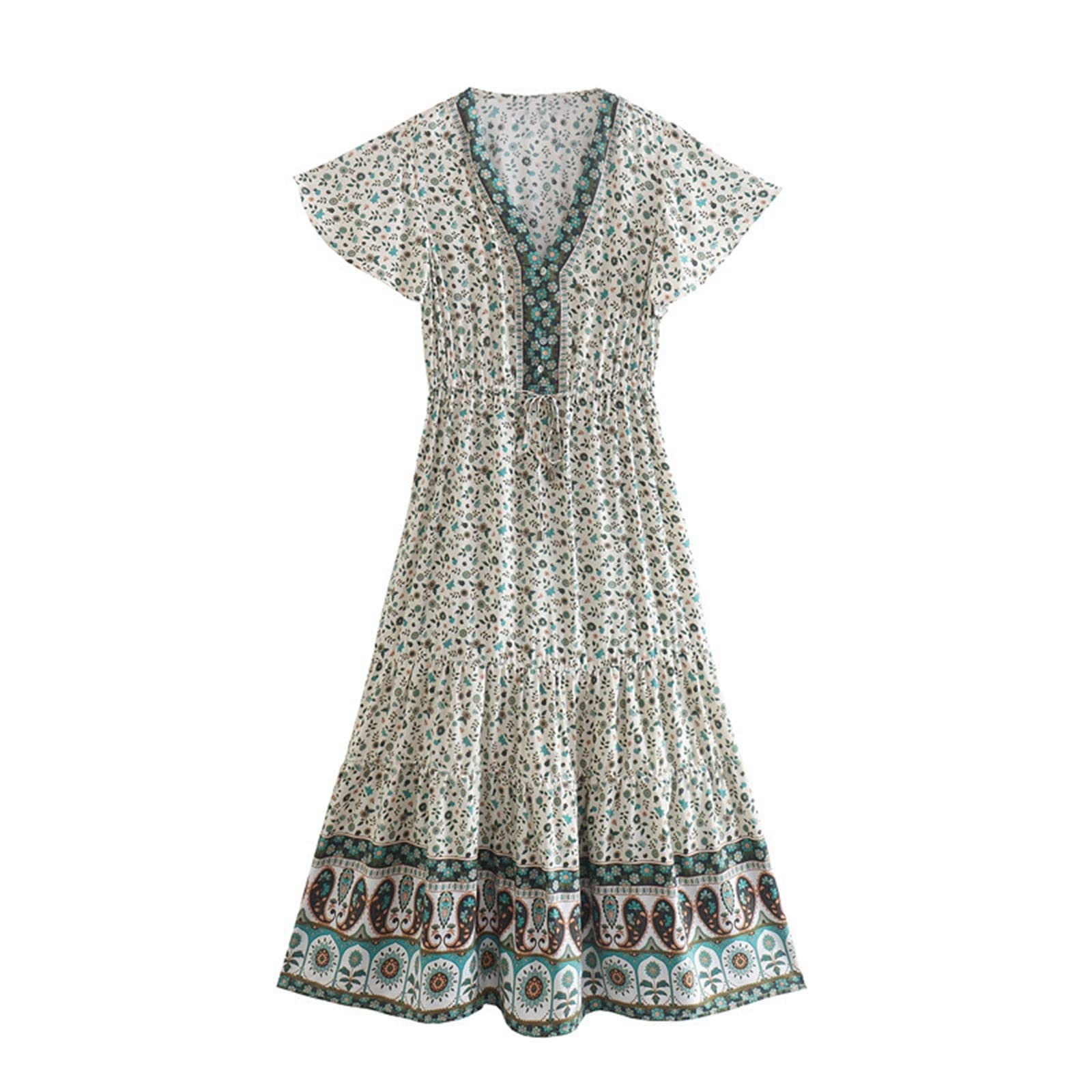 Elegant Floral Maxi Dress for Women - V Neck Batwing Sleeve with Elastic Waist, Boho Chic Beach Dress | Perfect for Summer Vacations, Beach Parties, and Casual Outings