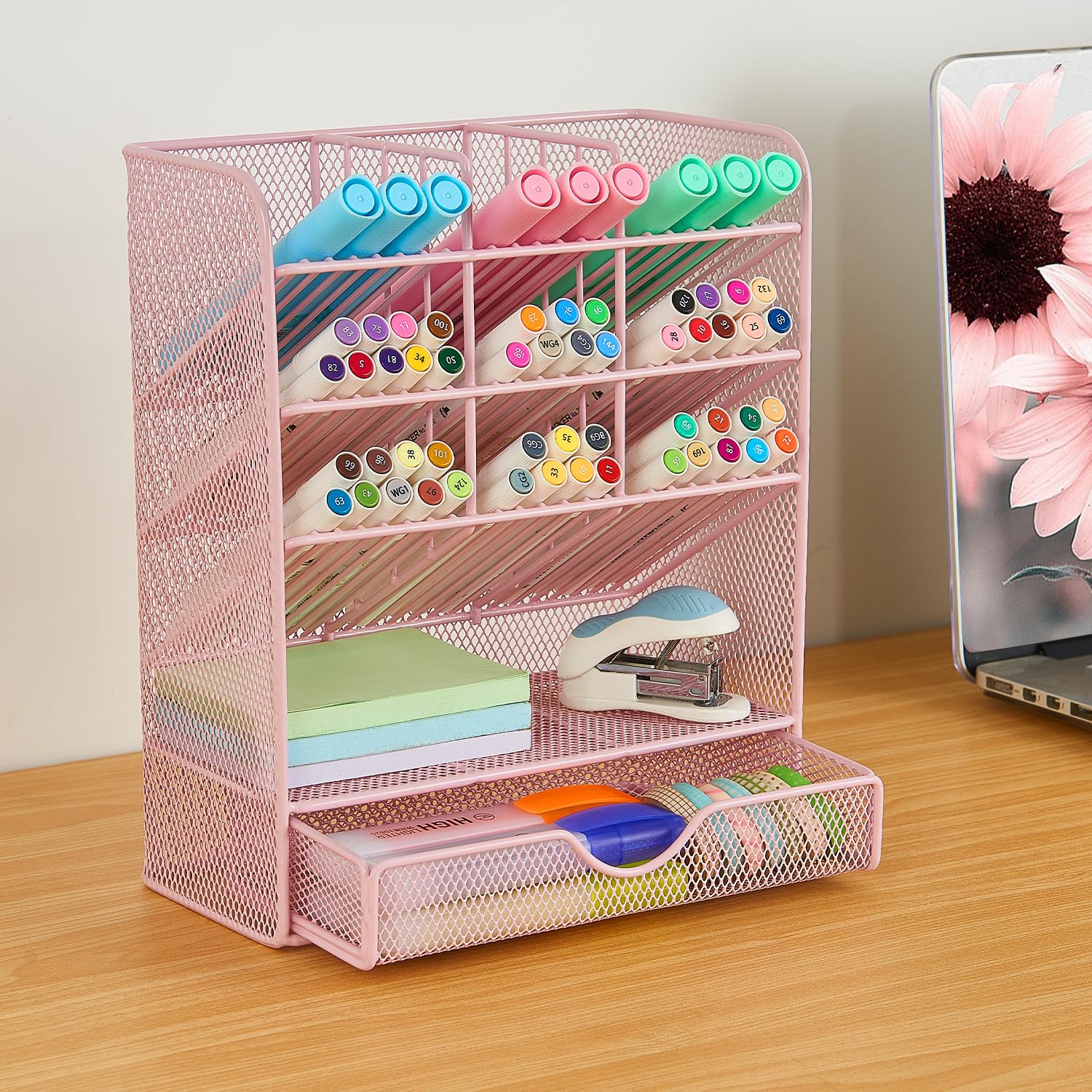 Spacrea 10-Compartment Pen Holder with Drawer - Stylish Desk Organizer for Office, School & Home - Perfect for Pens, Pencils, Markers & Stationery Storage