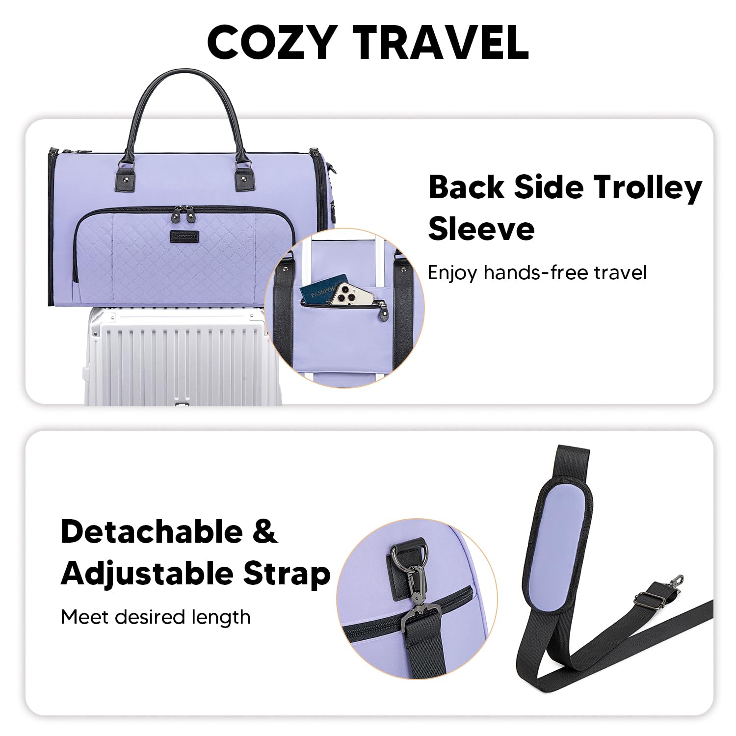 2-in-1 Convertible Travel Garment Bag for Women - Carry On Duffle with Detachable Shoulder Strap & Shoe Compartment (Purple) | Perfect for Business Trips, Weddings & Airplane Travel