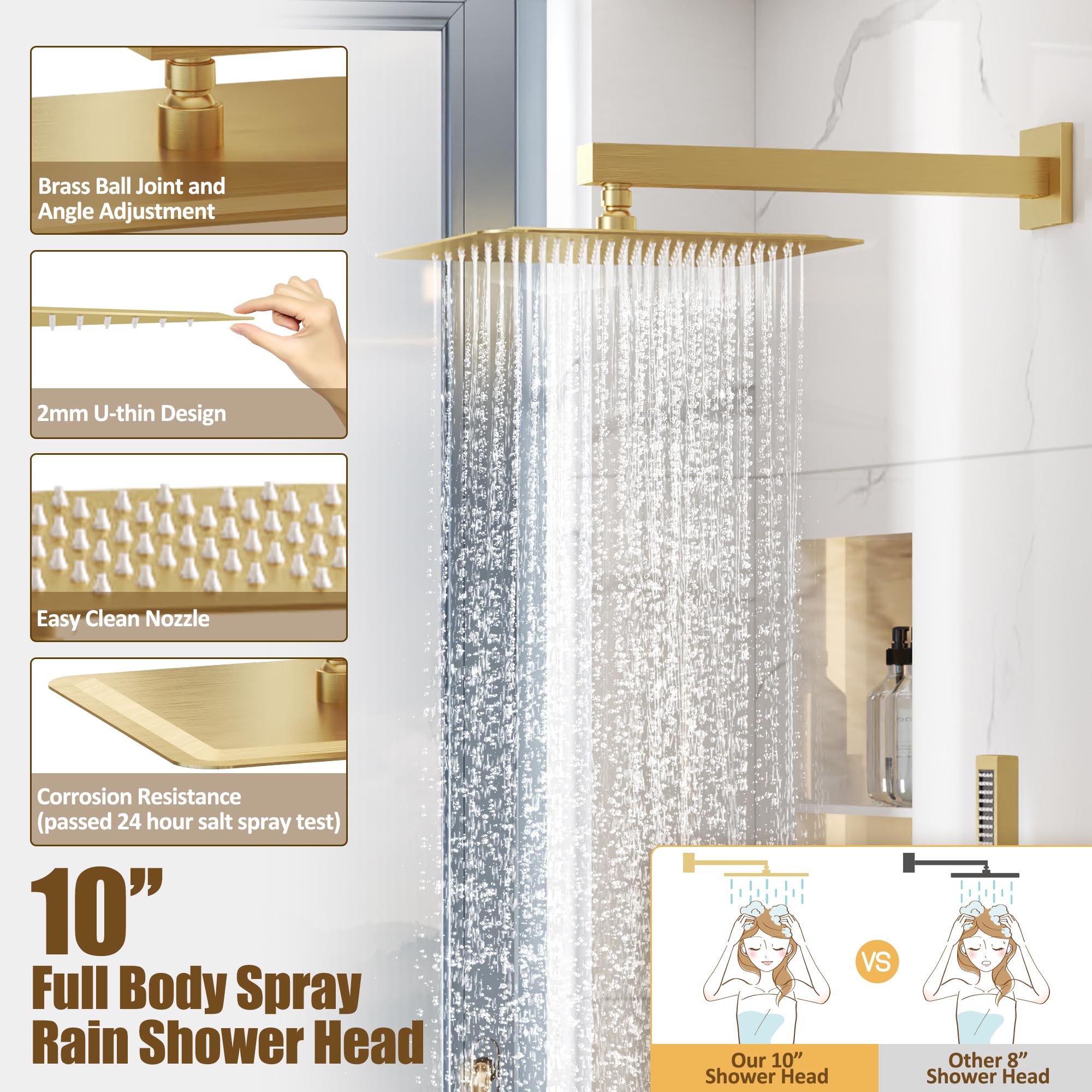 ESNBIA Brushed Gold Shower System - 10 Inch Rain Shower Head & Handheld Spray Combo, Wall Mounted Slide Bar Faucet with Mixer Valve, High Pressure Bathroom Fixture for Luxury Spa-Like Experience