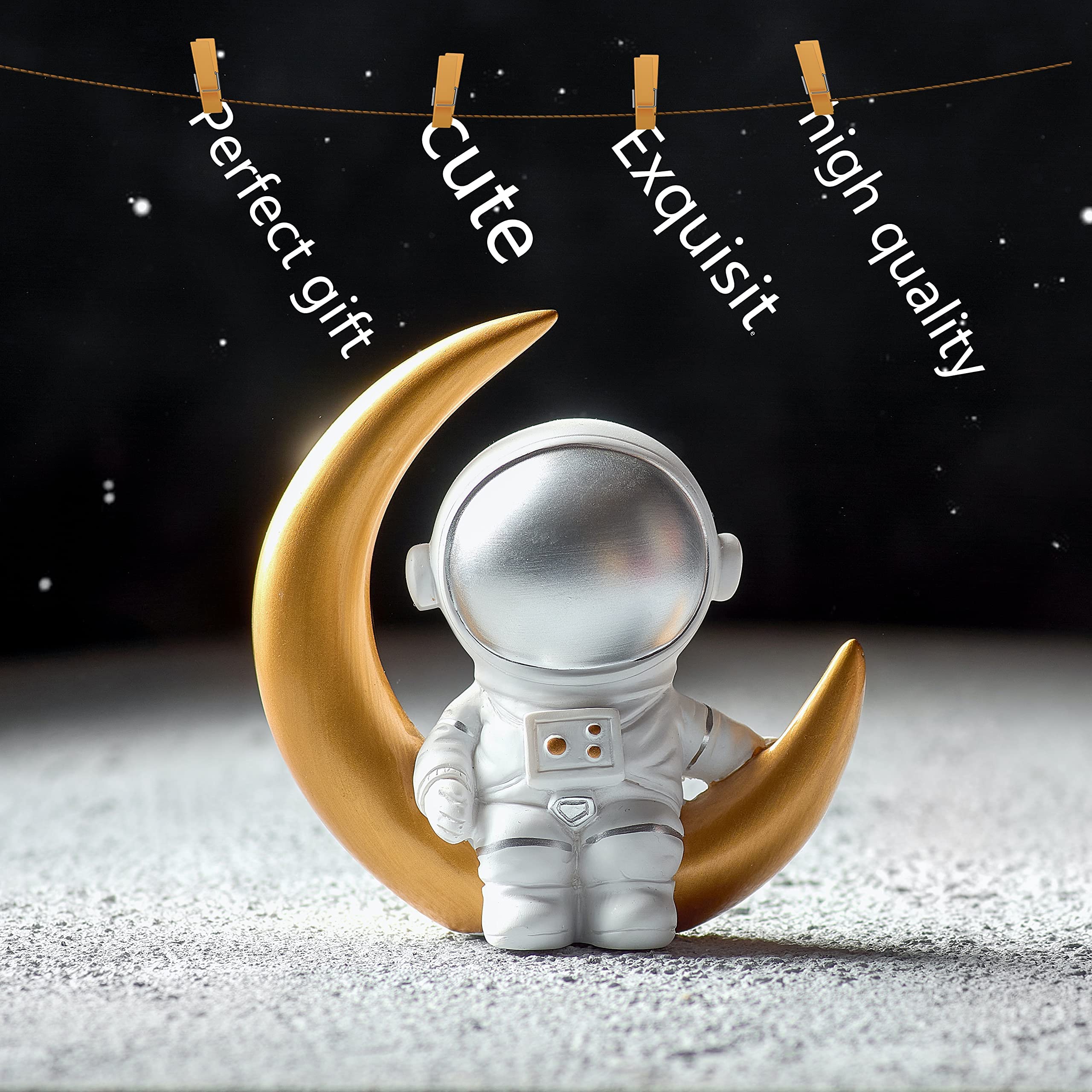 Gold Moon Astronaut Figurine - Resin Spaceman Statue for Cake Topper, Desktop Decor, Space-Themed Bedroom & Craft Gift - Perfect for Birthday Parties, Sci-Fi Room Decor & Collectors (1pc)
