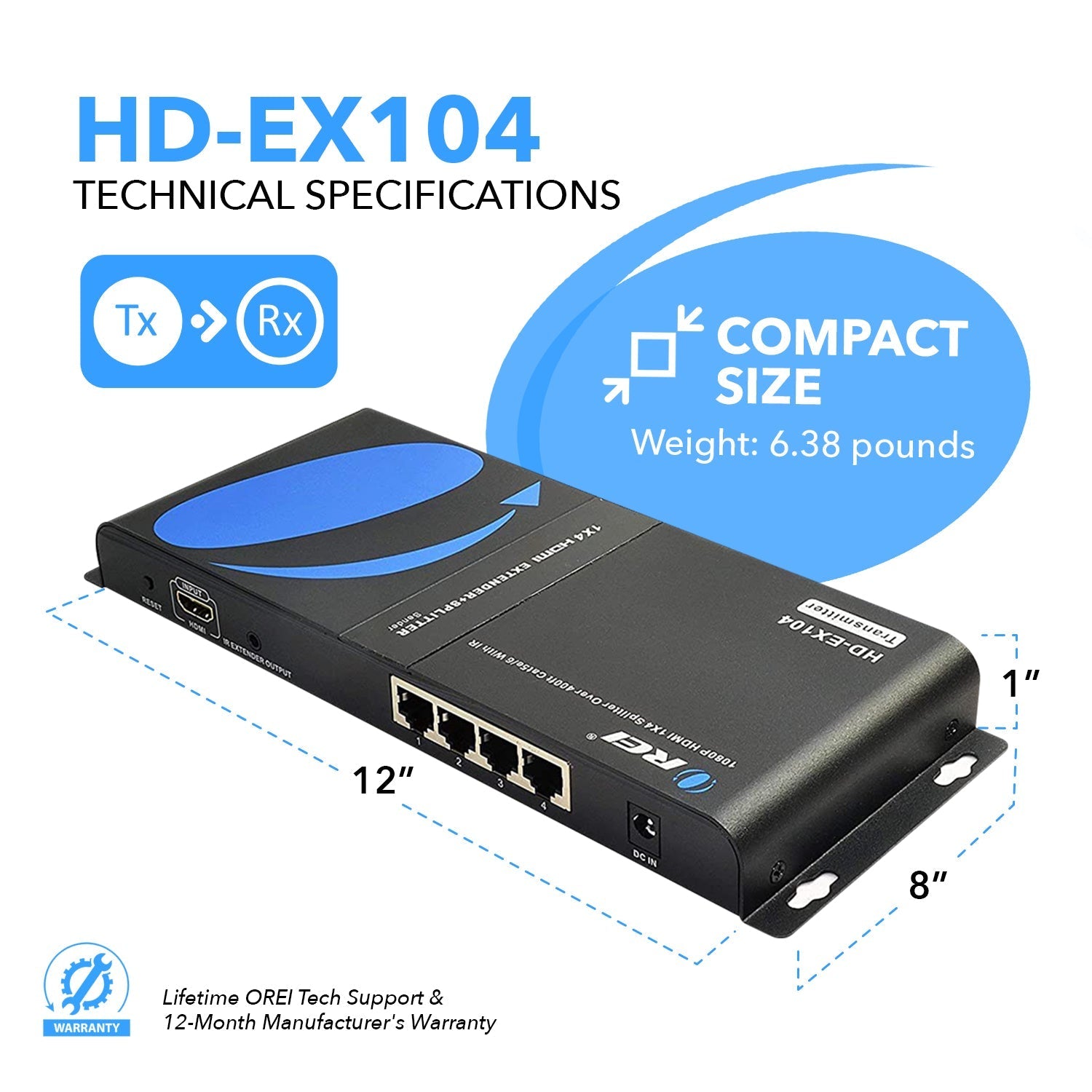 1x4 HDMI Extender Splitter Over CAT5/6 Cable - 1080p HD Video Up to 395ft, IR Blaster & HDbitT Technology (HD EX104) - Perfect for Home Theater, Conference Room & Multi-Screen Displays