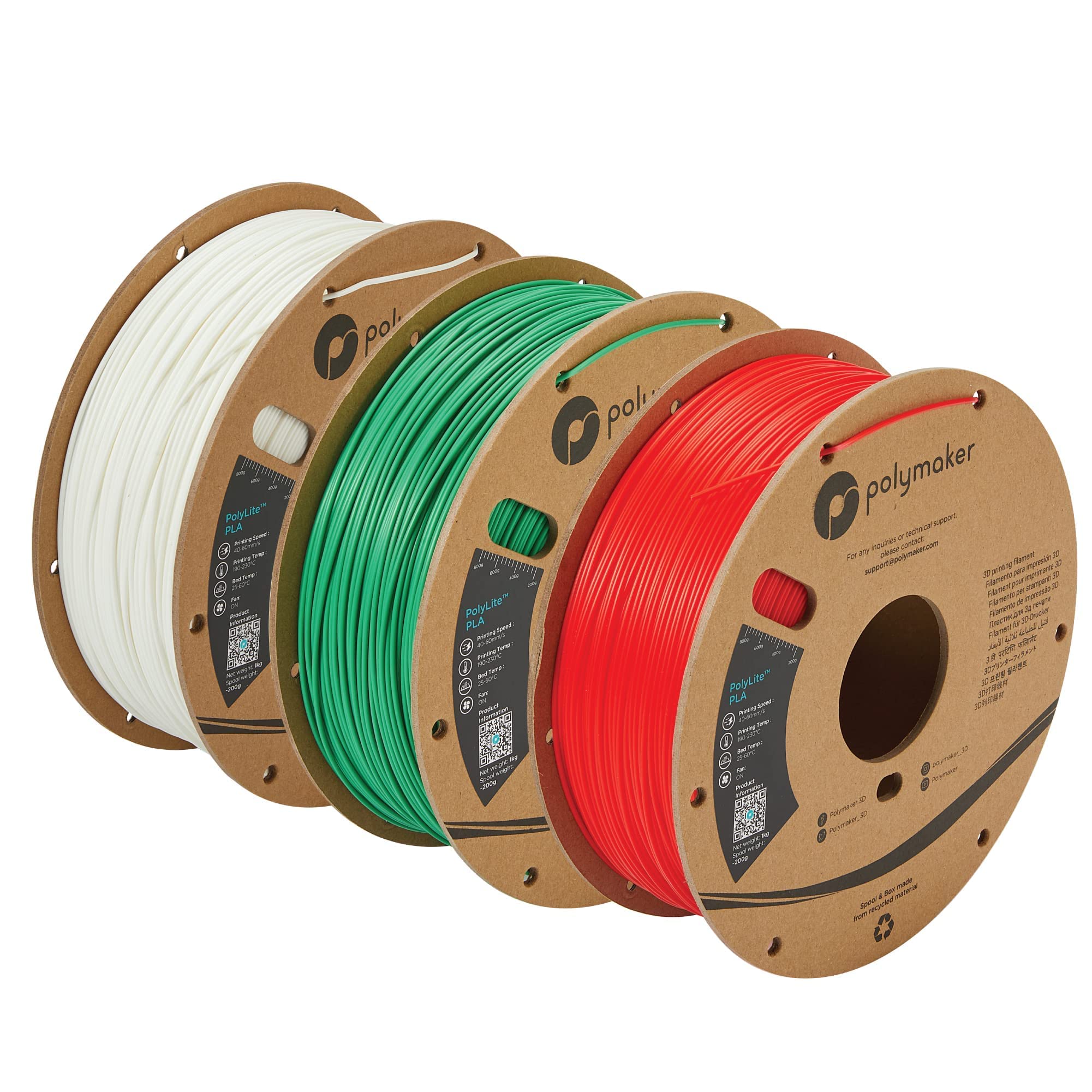 Polymaker PolyLite PLA 3D Printer Filament 1.75mm Bundle - 3 Spools (Green, Red, White) | High-Quality PLA Filament for Smooth 3D Printing | Perfect for DIY Projects, Home Decor & Prototyping