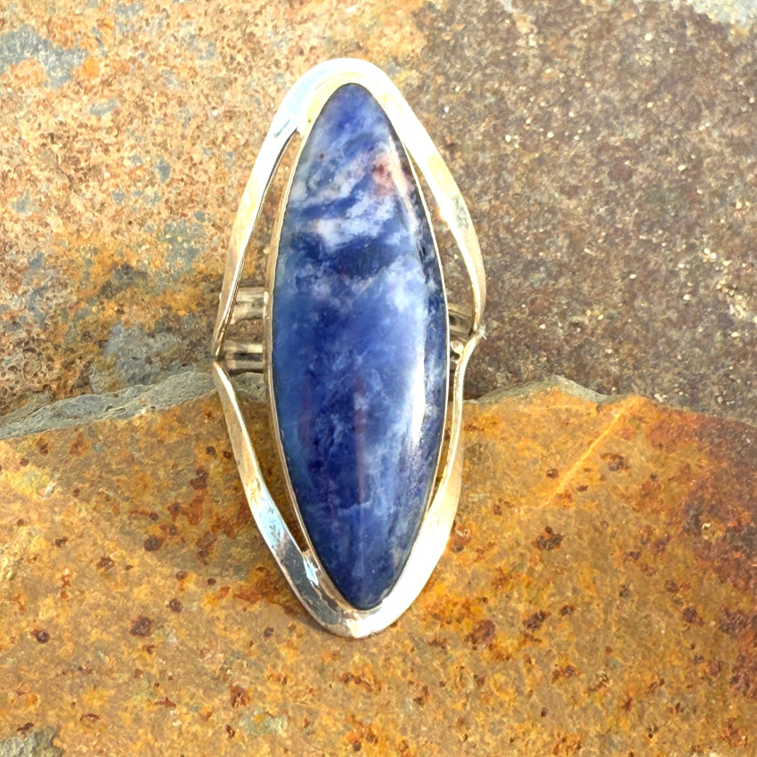 Sterling Silver Adjustable Denim Sodalite Long Ring for Women - Boho Chic Jewelry for Everyday Wear & Special Occasions