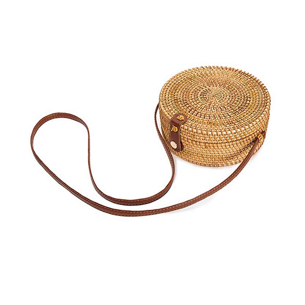 Round Rattan Handbag for Women - Handwoven Straw Crossbody Shoulder Bag with Leather Strap - Summer Beach Purse in Bamboo Style - Perfect for Vacation, Travel & Boho Fashion