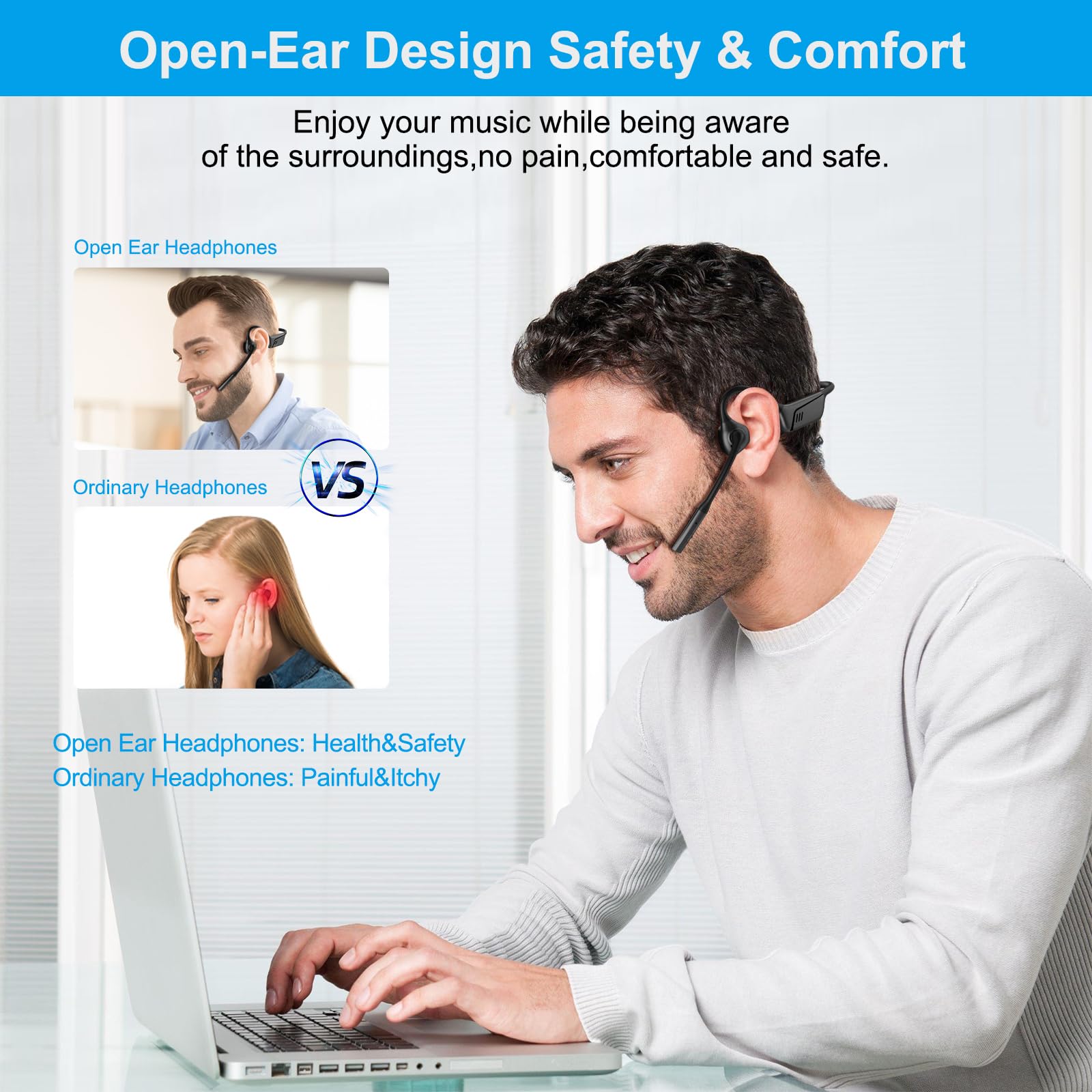 Open Ear Wireless Bluetooth Headset with Mic - Dual Connection Hands-Free Headphones for Business, PC, PS4, PS5 - Perfect for Online Teaching, Meetings & Call Centers