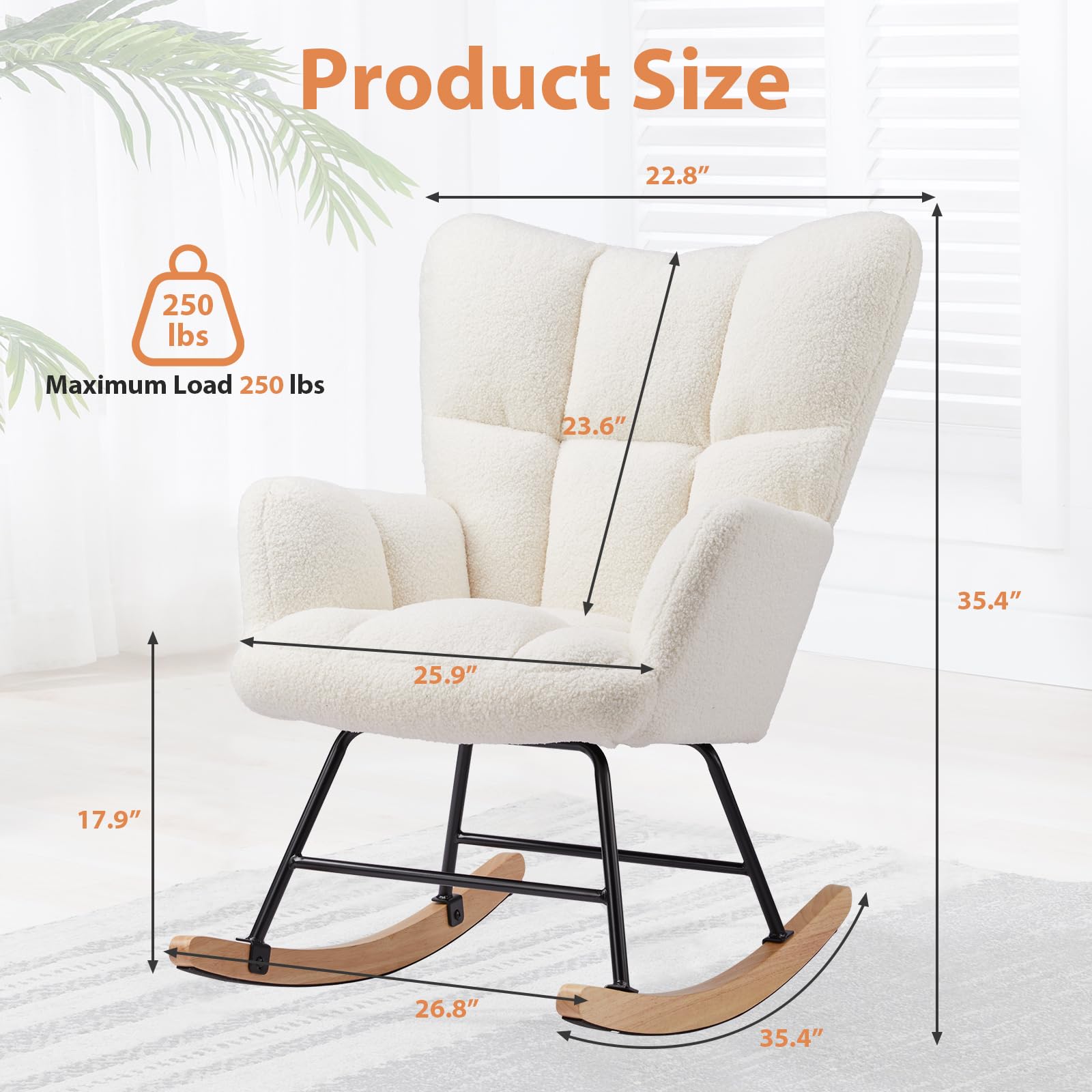 NEWBULIG Nursery Rocking Chair - Teddy Upholstered Glider Accent Armchair with High Backrest, Beige - Comfortable Rocking Chair for Nursery, Bedroom & Living Room - Perfect for Breastfeeding, Reading & Relaxing
