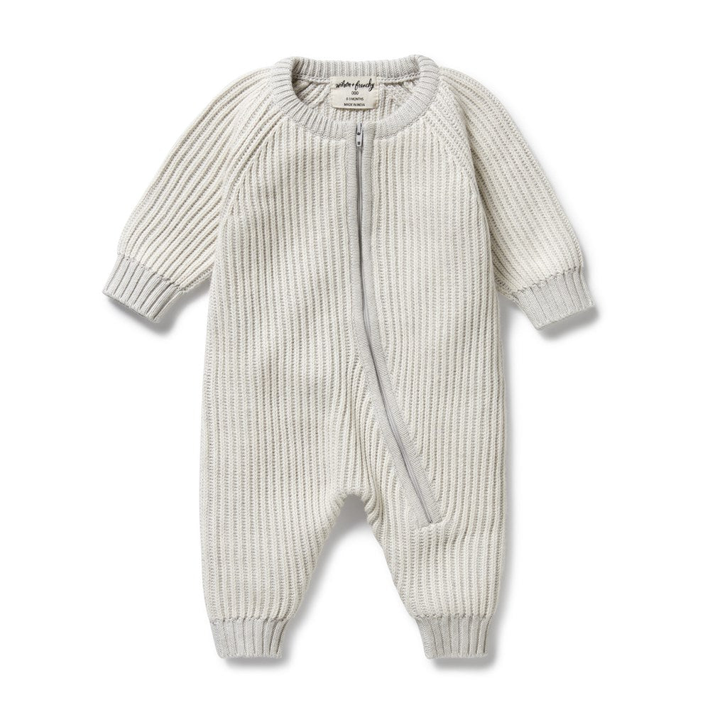 Grey Melange & Oatmeal Organic Cotton Knitted Baby Growsuit - Soft Newborn Onesie for Comfortable Sleep & Playtime