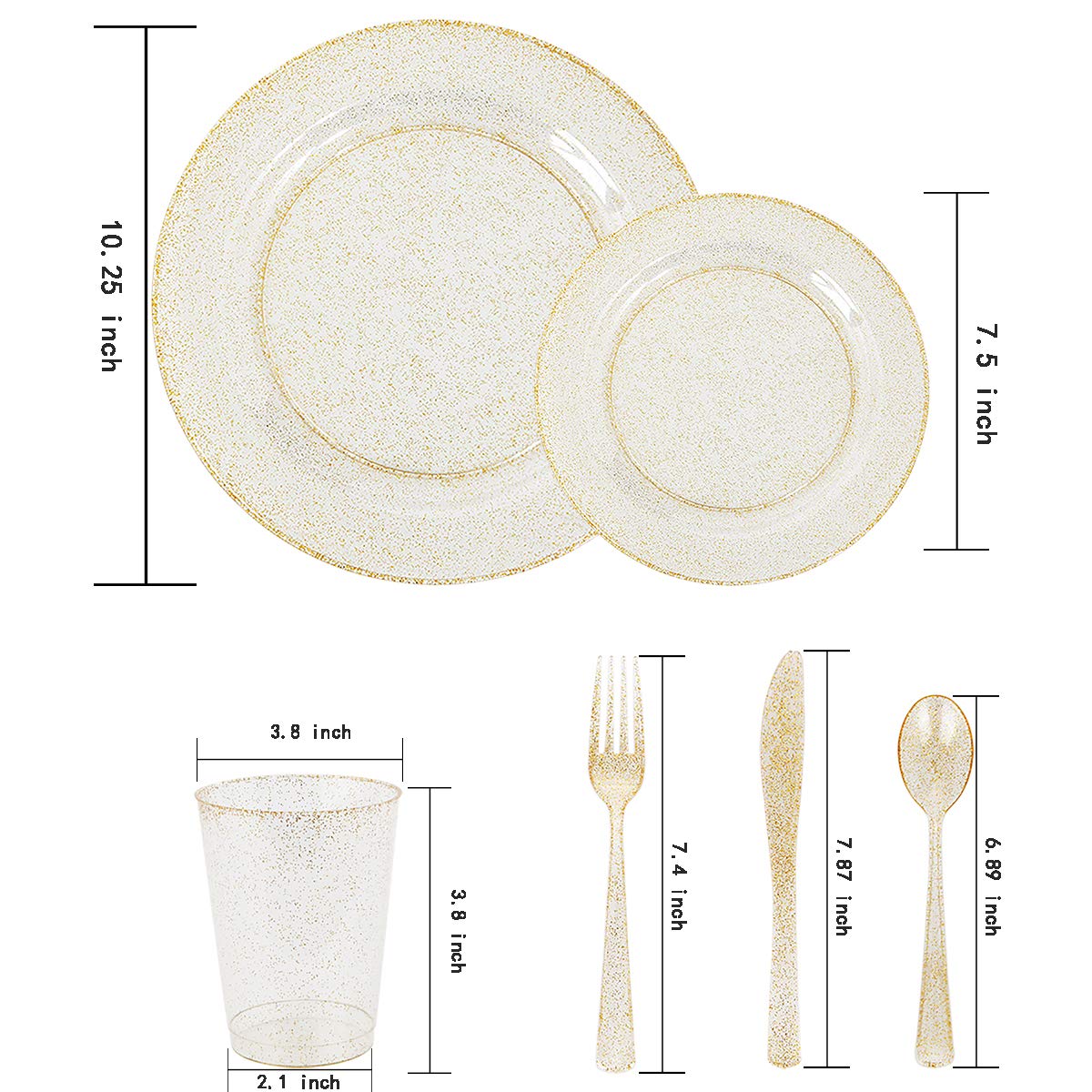 WELLIFE 175-Piece Gold Glitter Plastic Party Set - 50 Plates, 50 Forks, 25 Knives, 25 Spoons & 25 Cups - Elegant Disposable Tableware for Birthday, Wedding, Baby Shower & Holiday Celebrations