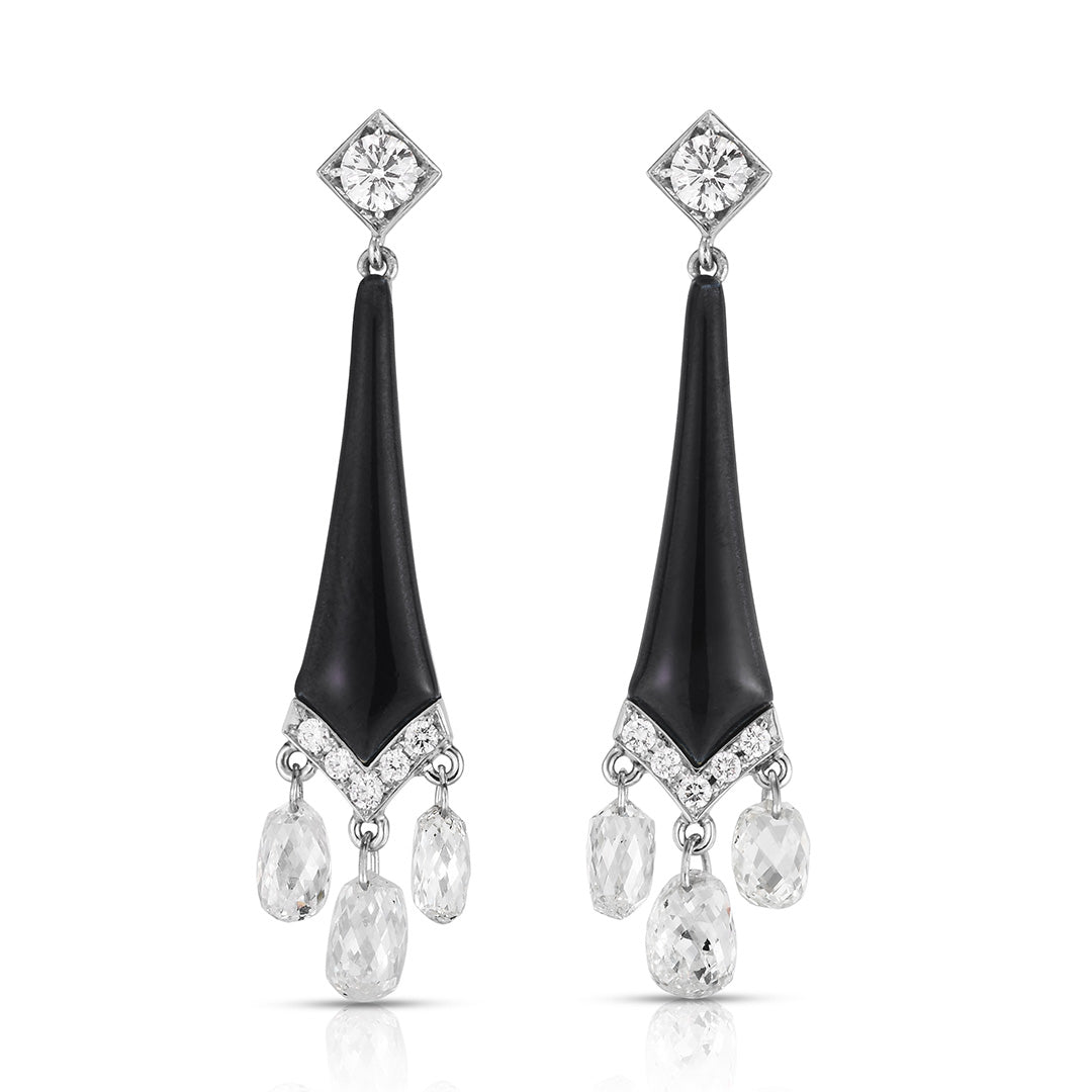 Exquisite Black Enamel & Briolette Diamond Earrings for Women - Elegant Dangle Drop Earrings for Evening Parties, Weddings & Special Occasions