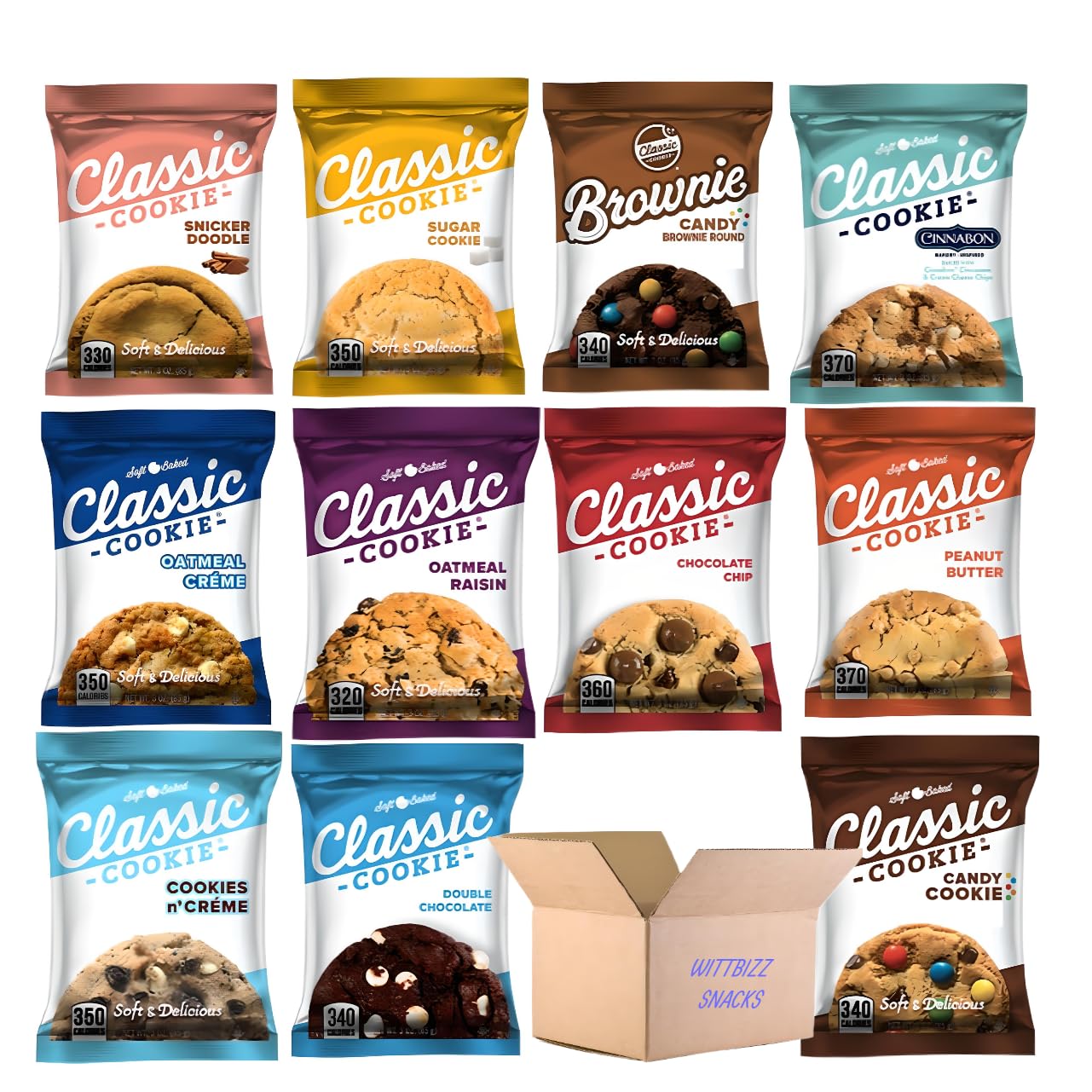 Wittbizz Snacks Bundles Classic Cookies 55-Pack (3oz) - 5 Assorted Flavors from 11 Options | Perfect for Office Snacks, Party Favors & Gift Baskets