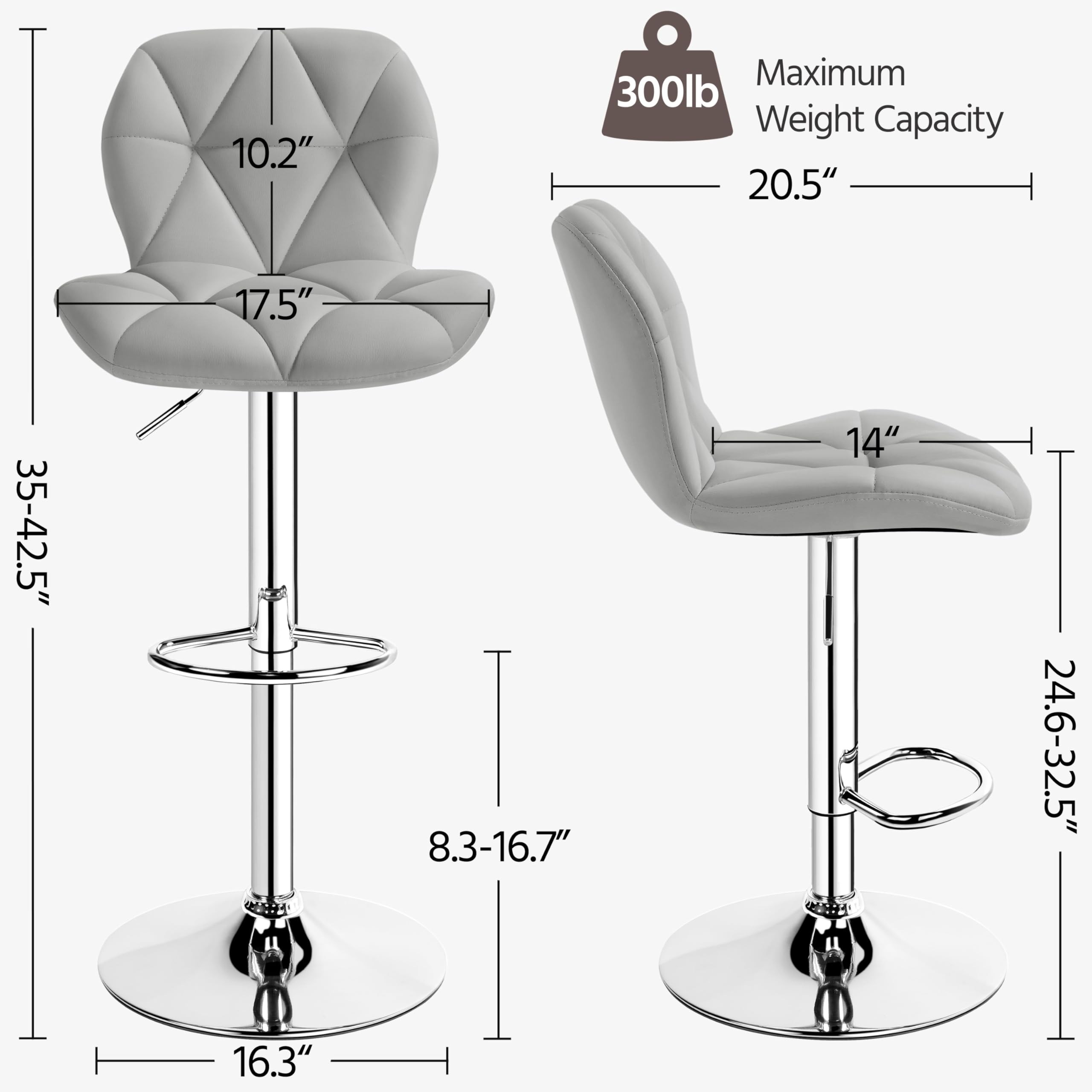 Yaheetech Set of 2 Adjustable Height Swivel Bar Stools with PU Leather Upholstery & Backrest - Light Grey Modern Kitchen Counter Stools for Dining, Breakfast Nook & Home Bar Decor