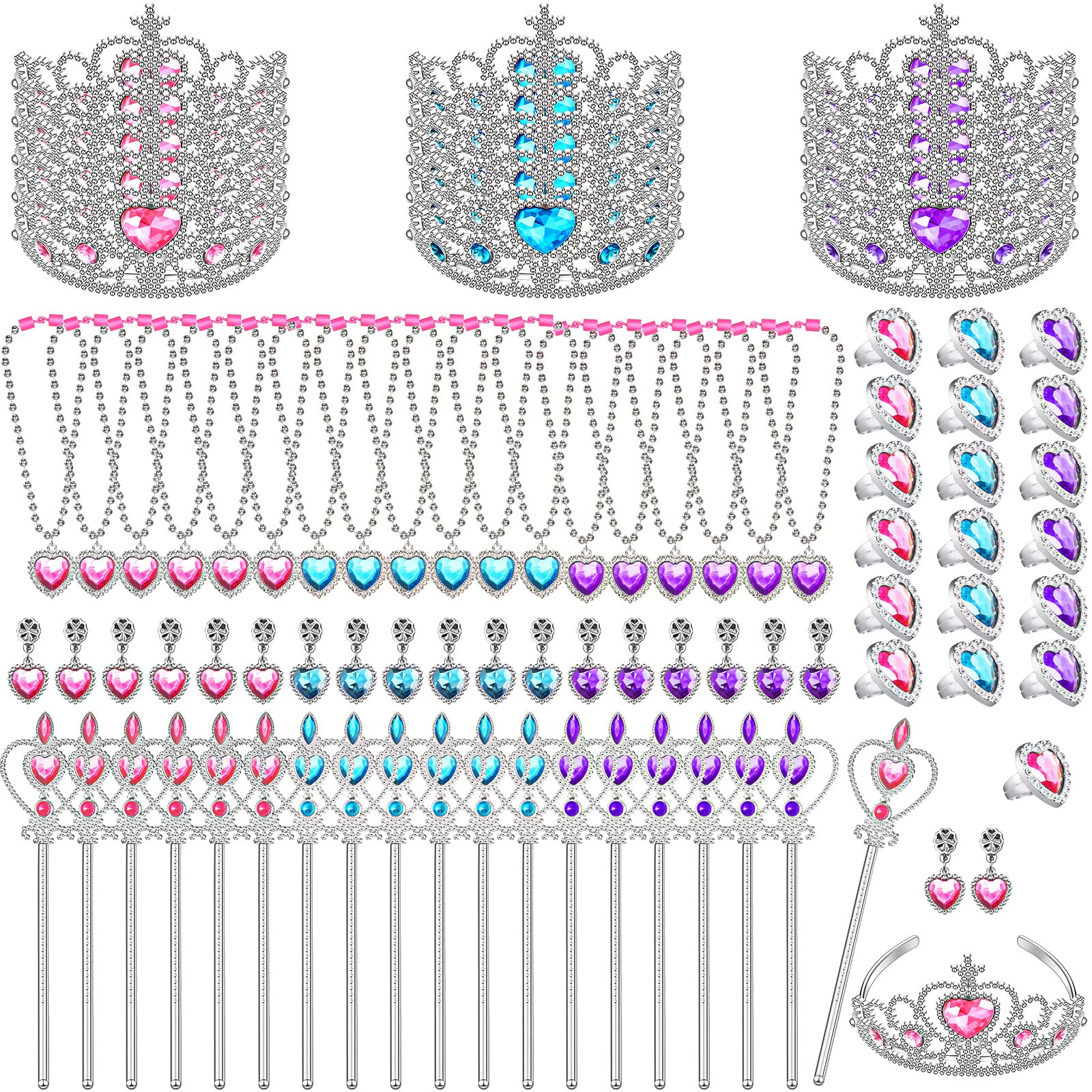 18-Piece Princess Jewelry Set with Crown, Wand, Necklace, Earrings & Rings - Pretend Play Dress-Up Toys for Girls (Blue, Pink, Purple) - Perfect for Birthday Parties, Tea Parties & Role-Playing Games