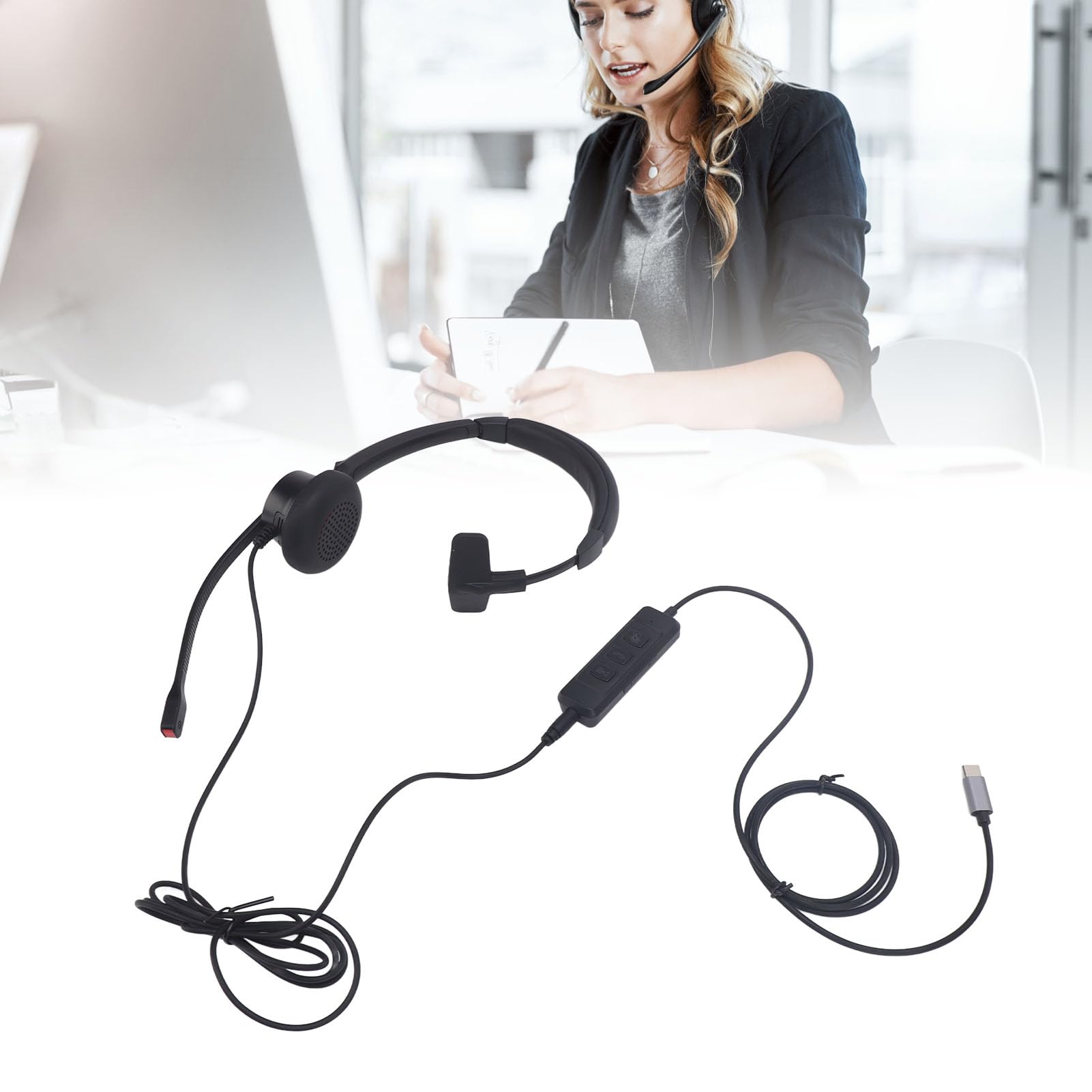 Single Ear Headset with Built-in Microphone - Lightweight & Comfortable USB-C/USB/3.5mm Headphones for PC, Laptop, Smartphone & Tablet - Perfect for Home Office, Call Centers & Teleconferencing