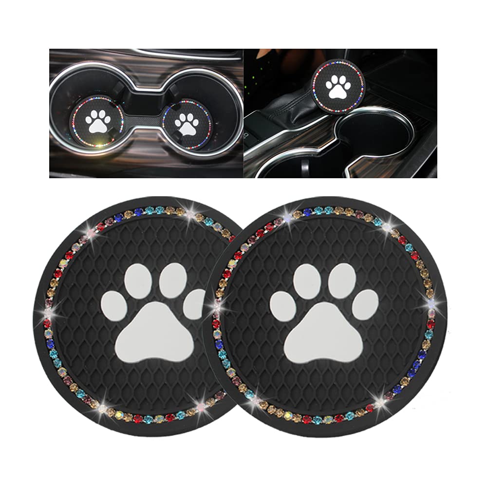 SoSickWithIt Bling Dog Paw Car Coasters - 2.75 Inch Non-Slip Cup Holder Inserts for Cars, Universal Fit Cute Car Accessories (2PCS, Black with Colorful Rhinestones) - Perfect for Coffee, Drinks & Protecting Your Vehicle's Interior