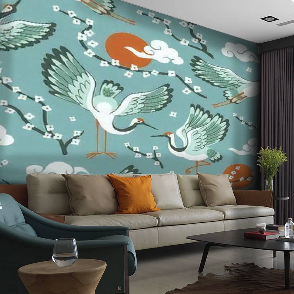Japanese Seamless Crane & Cherry Blossom PVC Wallpaper - Removable Self-Adhesive Waterproof Peel & Stick Wallpaper for Living Room, Bedroom, TV Backdrop - Perfect for Home Decor, Nursery, Office & Rental Spaces