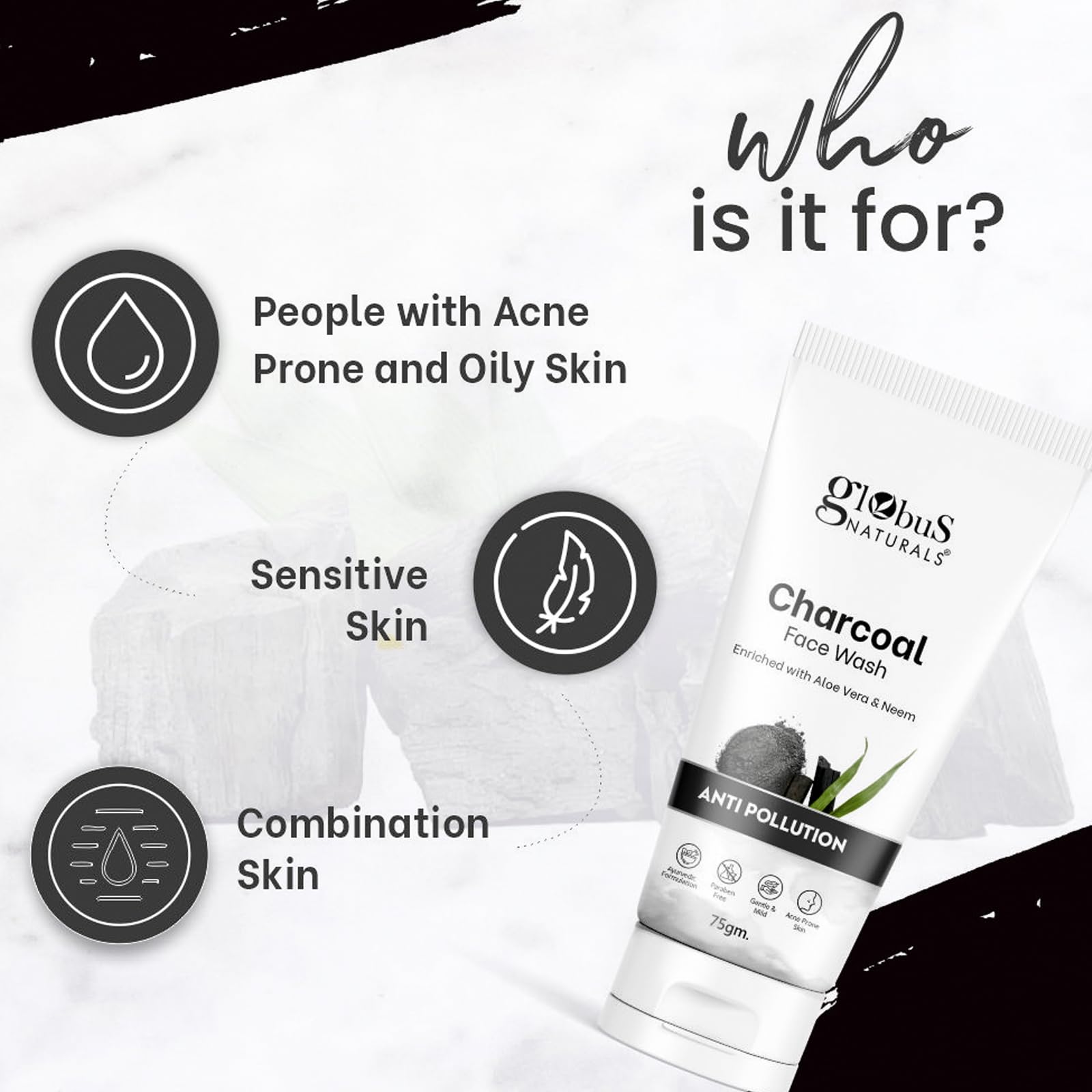 Globus Naturals Anti-Pollution Charcoal & Tea Tree Oil Face Wash for Oily & Acne-Prone Skin - 75g (Pack of 2) | Deep Cleansing, Detoxifying & Oil Control for Daily Skincare Routine
