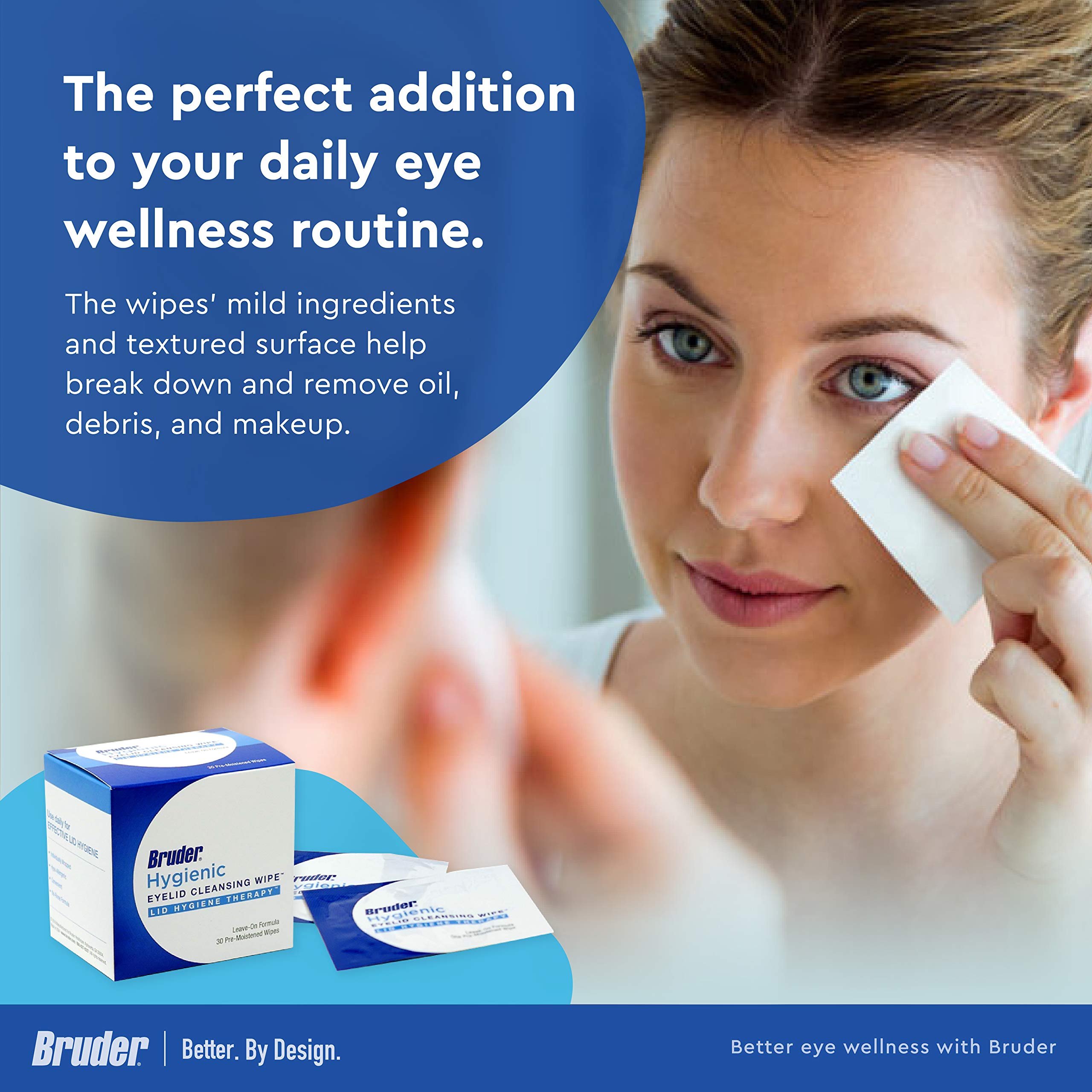 Bruder Hygienic Eyelid Cleansing Wipes - Rinse-Free Exfoliating Wipes for Removing Excess Oil, Debris & Makeup from Eyelids & Lashes | Gentle Eye Care & Cleansing | Non-Allergenic | 30 Count | Perfect for Travel, Daily Eye Hygiene & Post-Makeup Removal