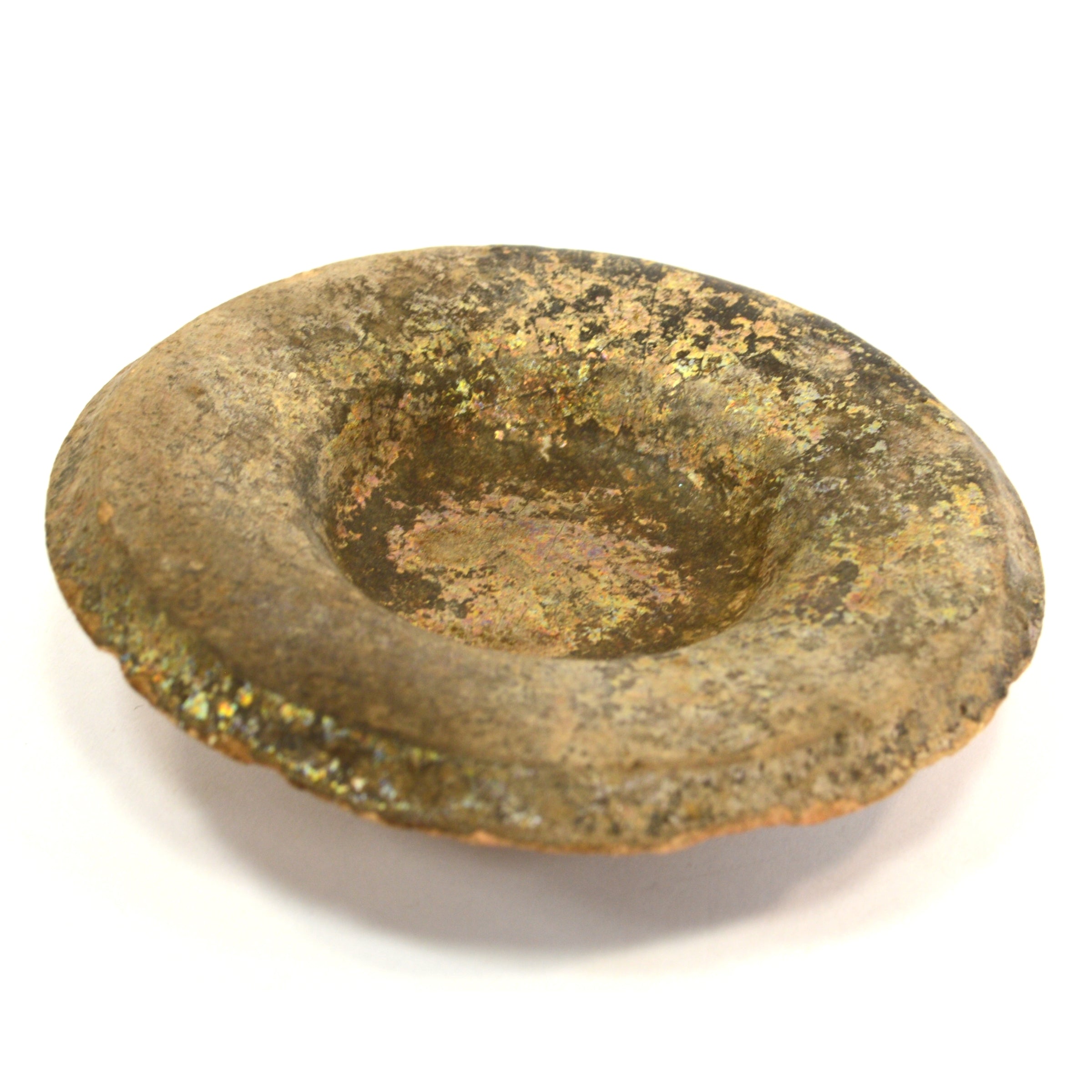 Ancient Terracotta Pottery Vessel Lid with Heavy Iridescence - Authentic Pre-Columbian Artifact for Home Decor & Museum Display