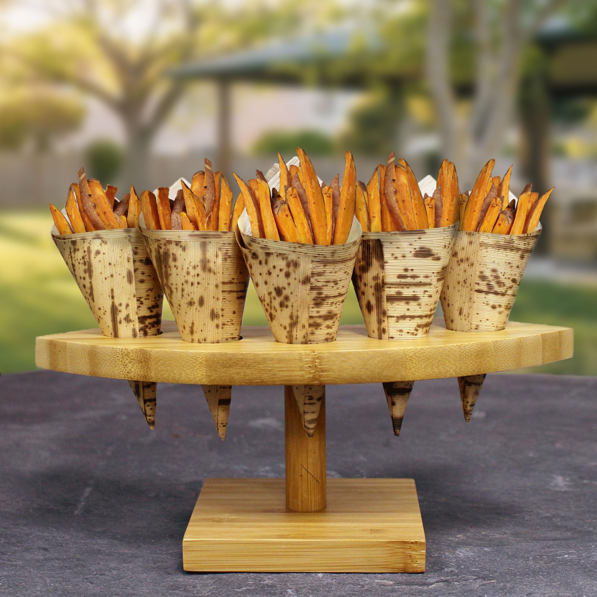 BambooMN 10-Inch Natural Bamboo Sushi Cone Holder - Tamaki Stand for Restaurants, Catering, Parties & Buffets (Holds 5 Cones, Set of 10) - Perfect for Japanese Cuisine, Sushi Displays & Asian-Themed Events