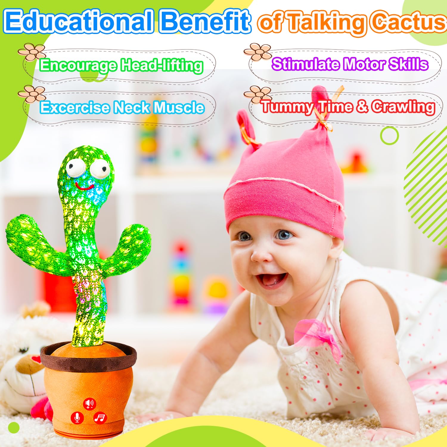 Rechargeable Dancing Talking Cactus Toy for Babies & Toddlers - Adjustable Volume, Singing, Mimicking & Repeating - Fun Interactive Learning Toy for Boys & Girls - Perfect for Easter Basket Stuffers, Birthday Gifts & Playtime Entertainment
