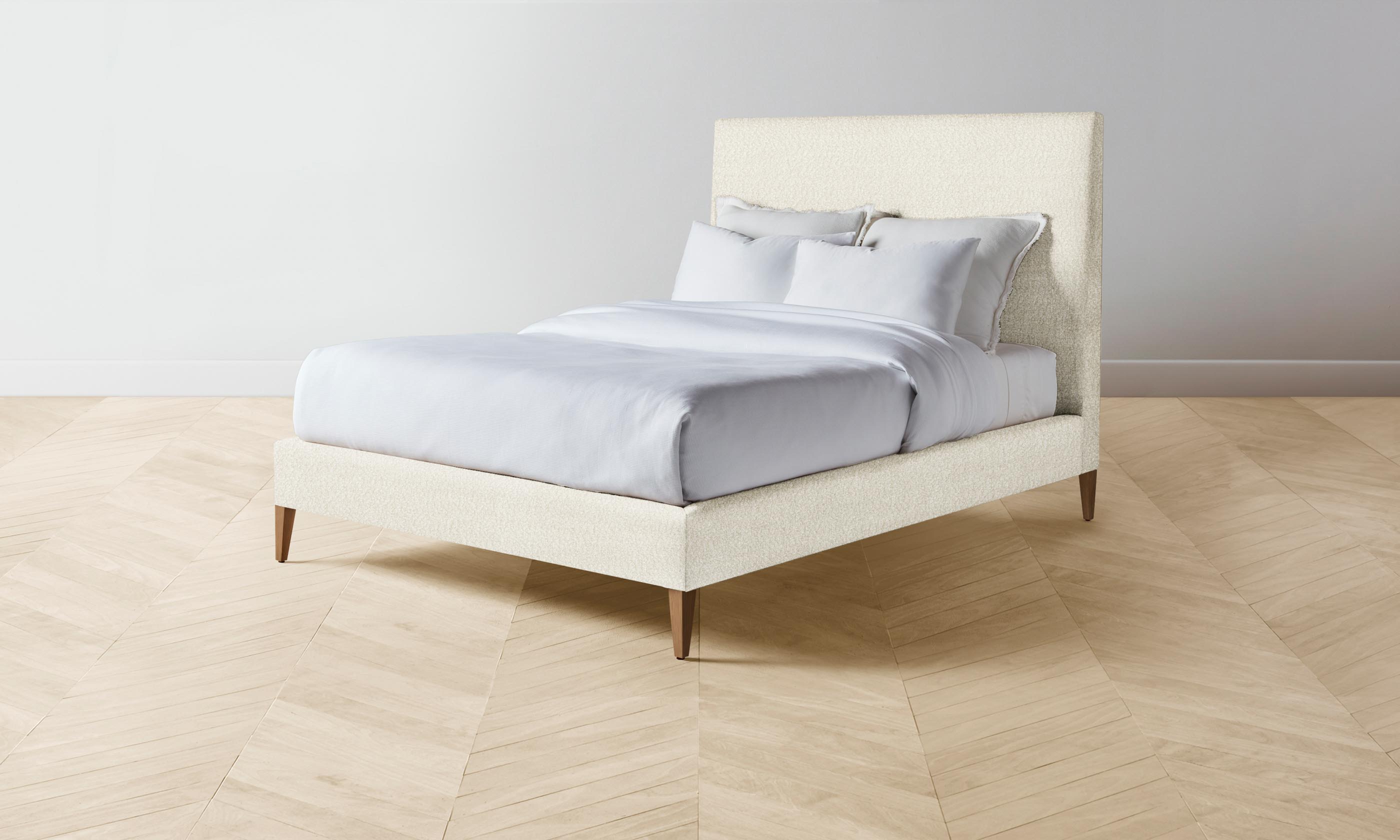 The Essex Bed - Italian Bouclé White Upholstered Platform Bed Frame | Modern Bedroom Furniture for Cozy & Stylish Home Decor