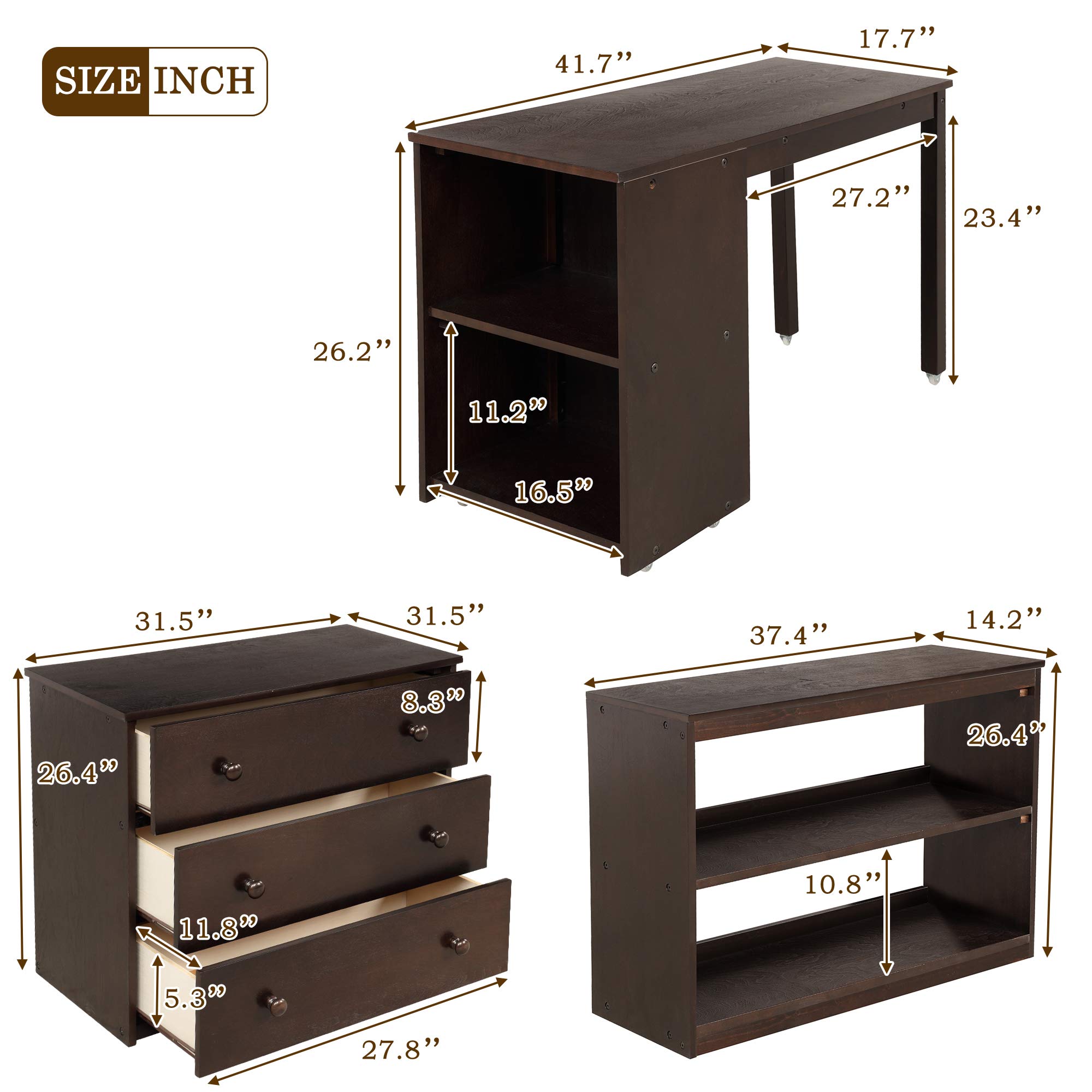 Harper & Bright Designs Twin Low Loft Bed with Desk & Storage Drawers | Solid Wood Loft Bed with Cabinet & Rolling Portable Desk in Espresso | Perfect for Kids' Bedroom, Small Spaces & Study Areas
