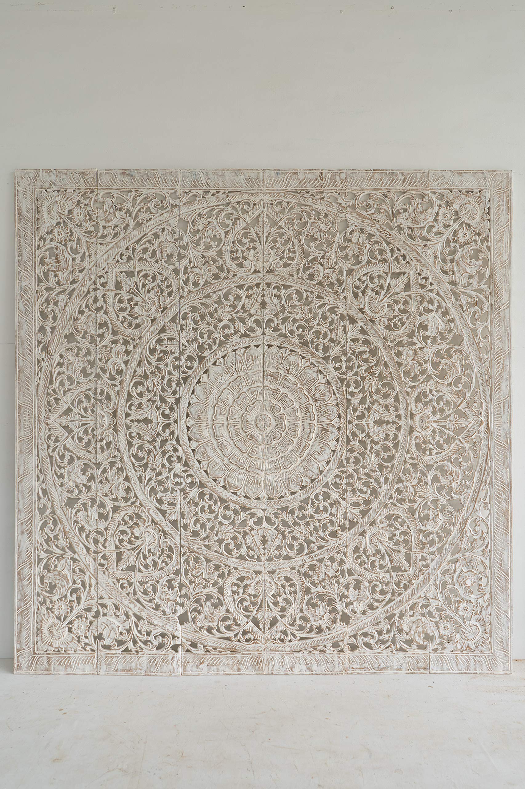 72 Inch Wooden Carved Lotus Headboard Wall Mandala - Handcrafted Thai Floral Motif Decor for Bedroom, Living Room & Cottage Style Homes - Perfect for Boho, Zen & Meditation Spaces