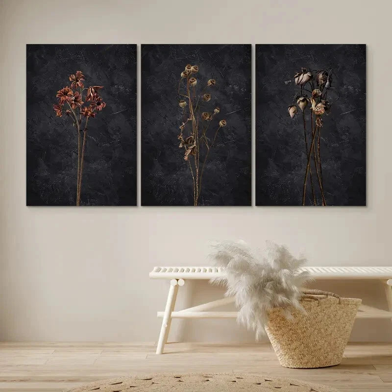 3-Piece Dark Dried Wildflower Floral Botanical Wall Art Set - Framed Canvas Prints 40x60cm - High Quality Australian Made Wall Decor - Perfect for Living Room, Bedroom & Office Decor