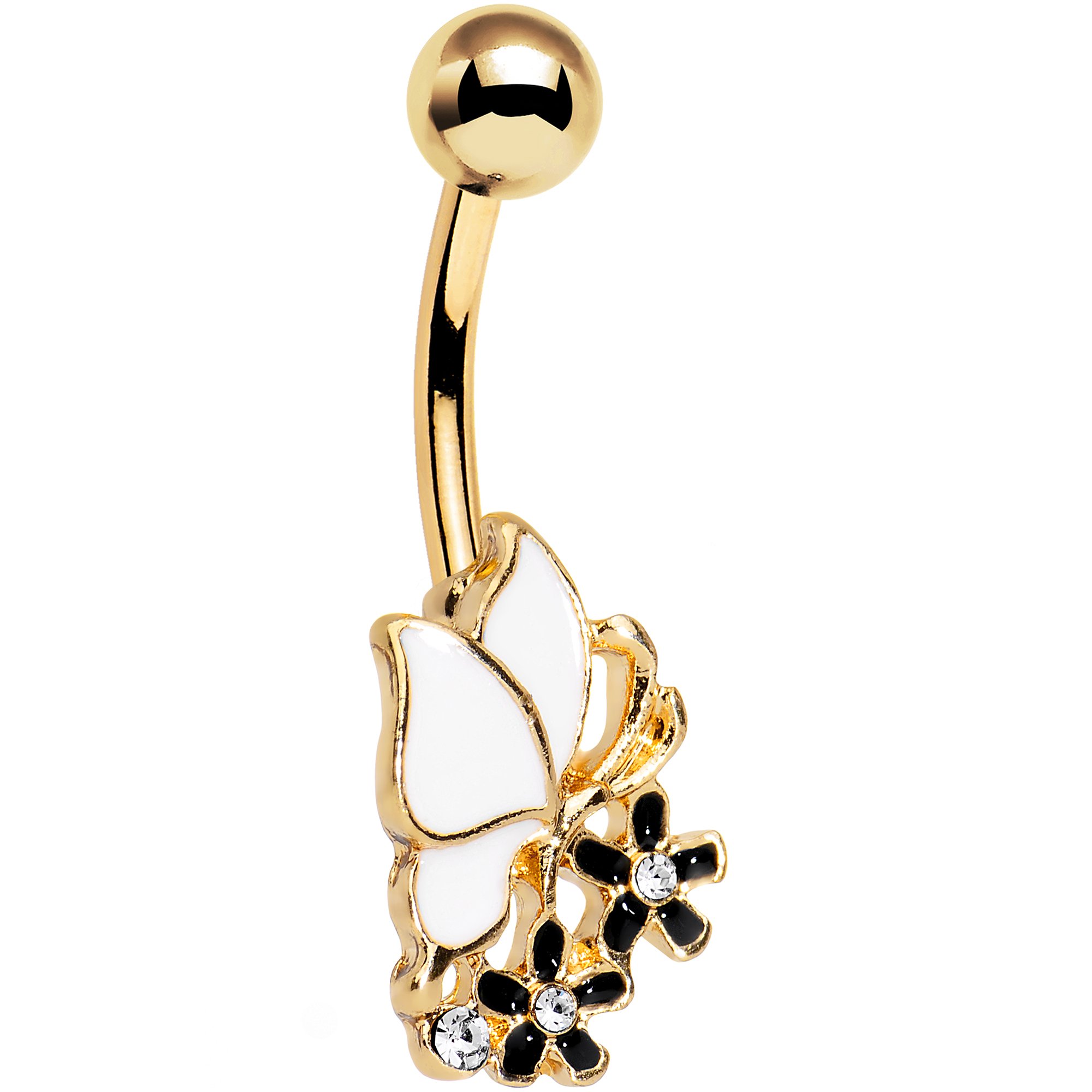 Anodized Steel Black & White Butterfly Flower Belly Button Ring - Body Jewelry for Women, Perfect for Piercing, Belly Dancing & Casual Wear