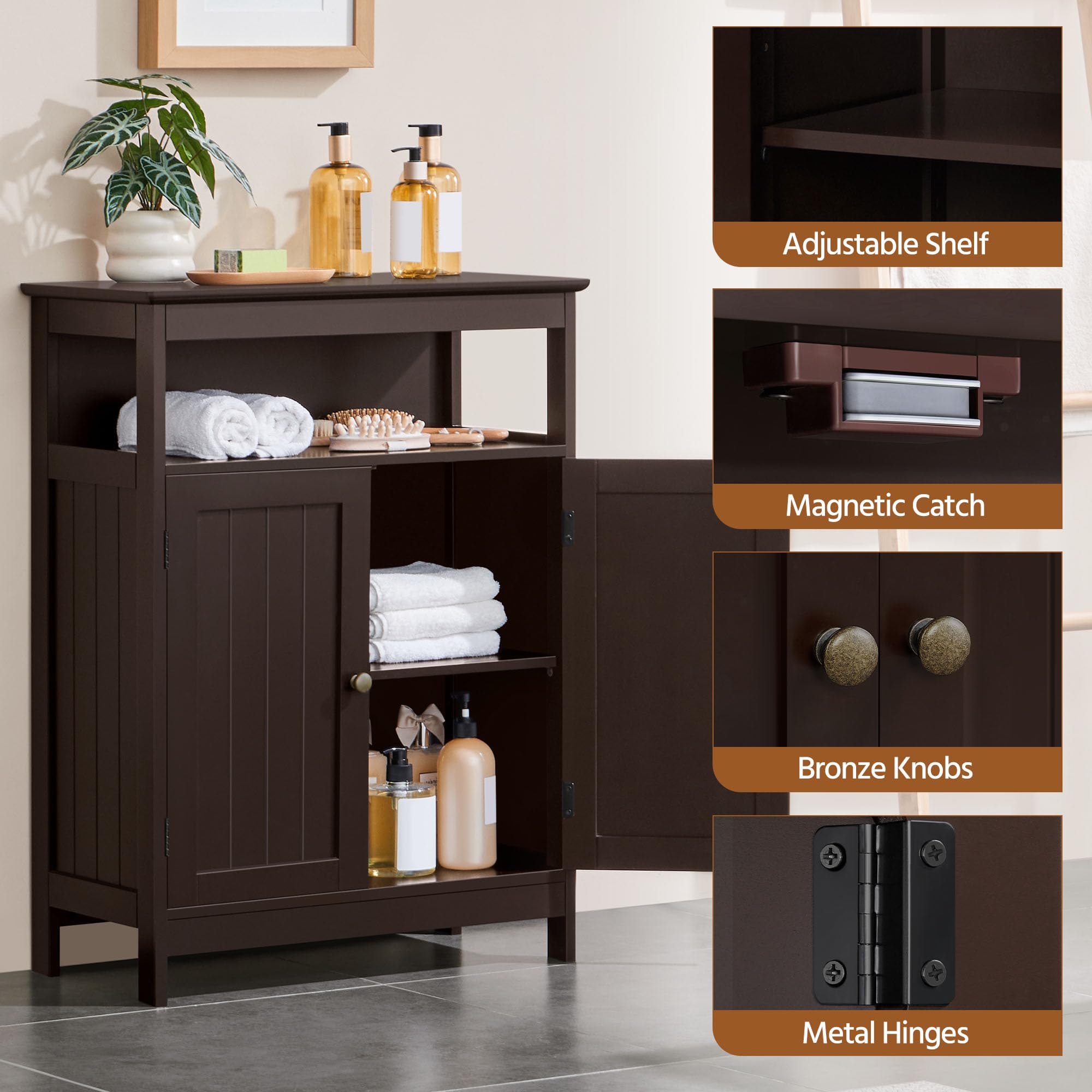 Yaheetech Wooden Bathroom Storage Cabinet - 2 Door Free Standing Organizer with Adjustable Shelf for Bathroom, Living Room, Hallway - Espresso Finish for Home Decor & Organization