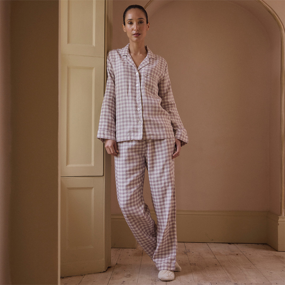 Elderberry Gingham Linen Women's Pajama Shirt - Soft & Breathable Sleepwear for Women - Perfect for Nighttime Comfort, Lounge Wear & Cozy Evenings at Home
