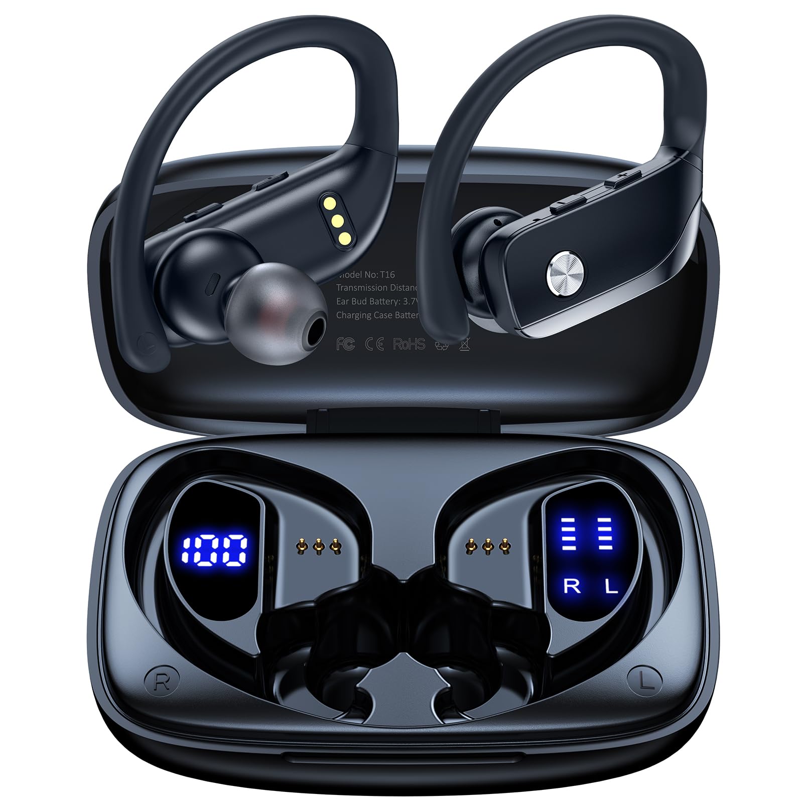 Bmanl Wireless Bluetooth Earbuds - 48H Playback Sport Headphones with LED Display, Over-Ear Design & Built-in Mic - Perfect for Workouts, Running & Gym - Black