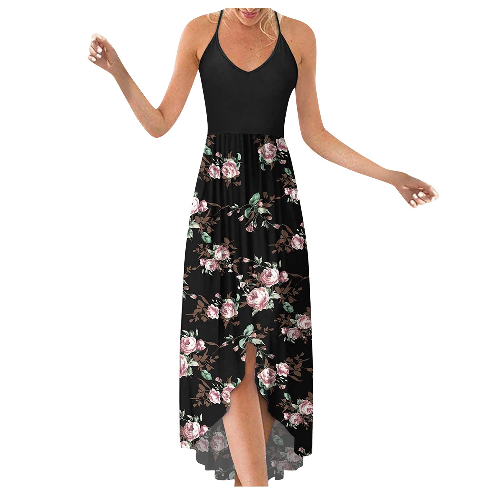 Women's Sleeveless Floral Maxi Dress - V Neck Spaghetti Strap Asymmetrical Summer Sundress for Casual Wear | Beach Vacation, Date Night, Outdoor Party Outfit