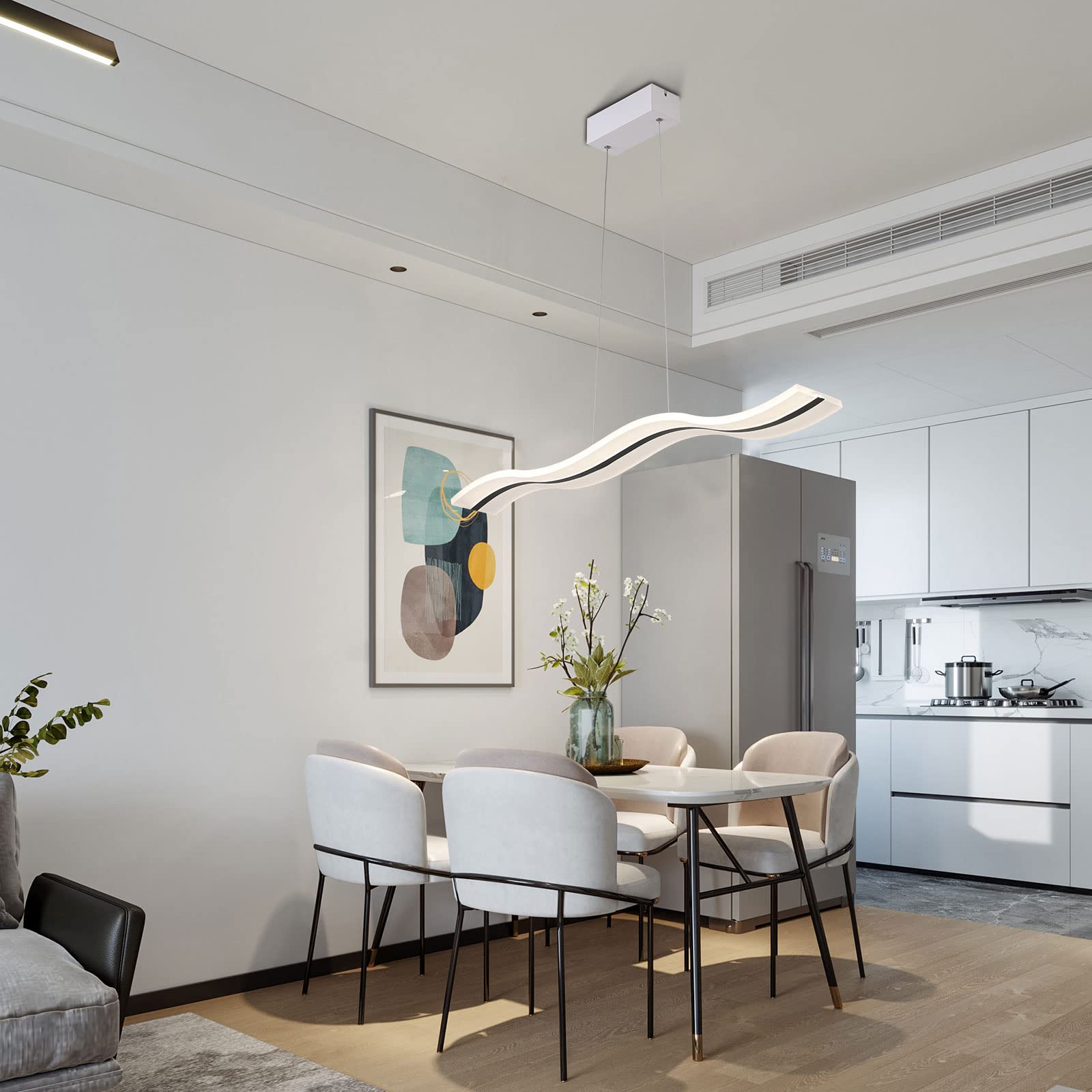Modern Wave LED Pendant Light with Dimmable Remote Control - Contemporary Hanging Chandelier for Kitchen Island, Dining Room & Living Room Lighting - Perfect for Modern Home Decor & Ambient Lighting