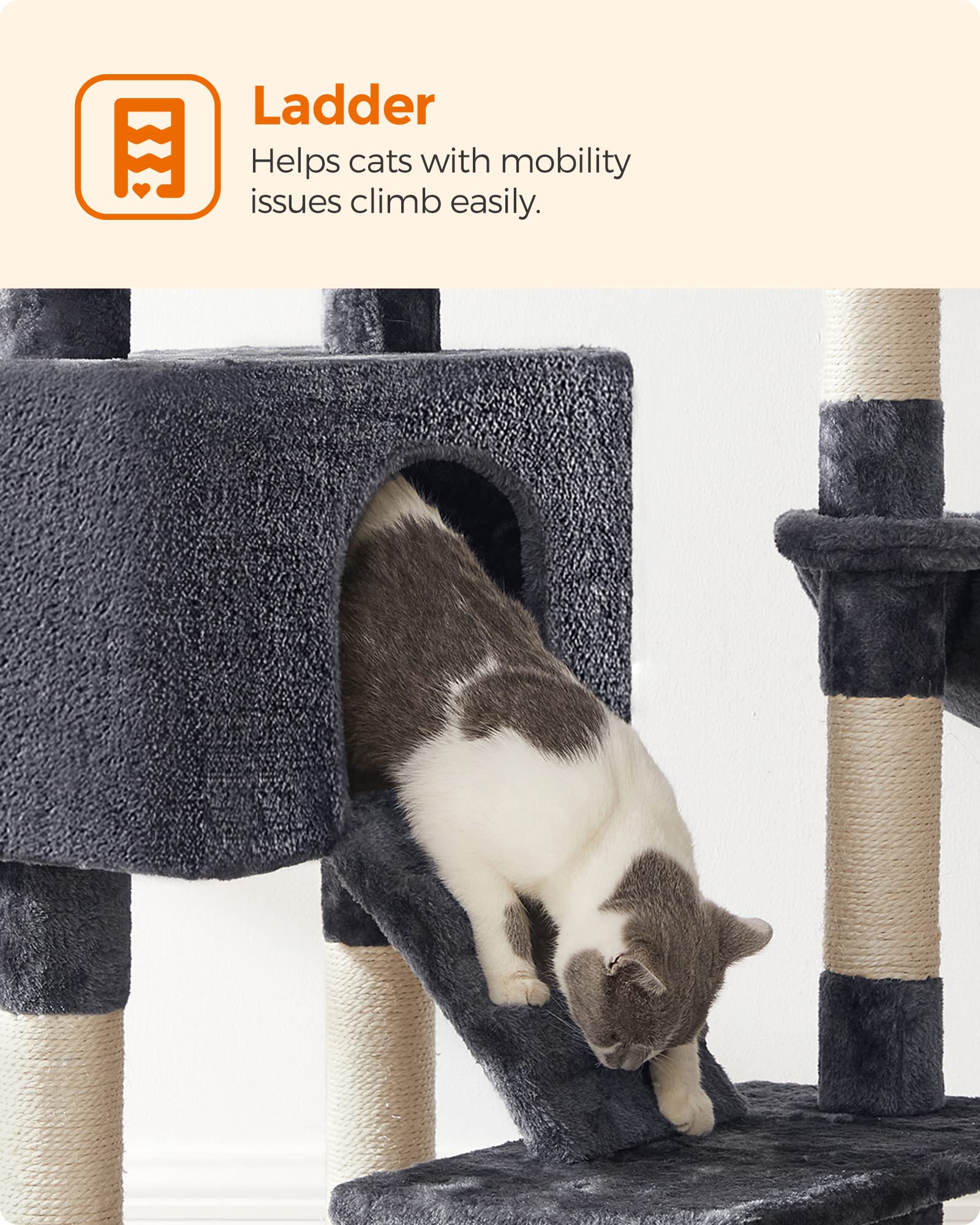 FEANDREA 55.9-Inch Cat Tree Tower for Indoor Cats - Multi-Level Cat Condo with Scratching Posts, 2 Plush Perches, Basket & Large Cat Cave - Durable Cat Activity Center with Ramp in Smoky Gray (UPCT160G01) - Perfect for Small Spaces & Playful Kittens