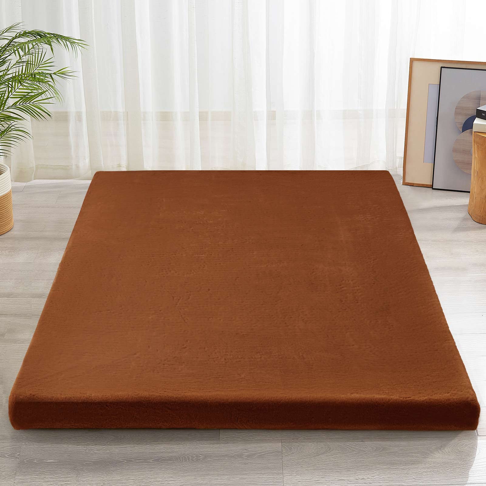 MAXYOYO Faux Fur Removable Futon Mattress - Soft Fluffy Couch Bed for Lounging, Napping & Sleeping - Brown - Perfect for Living Room, Bedroom & Guest Room Comfort
