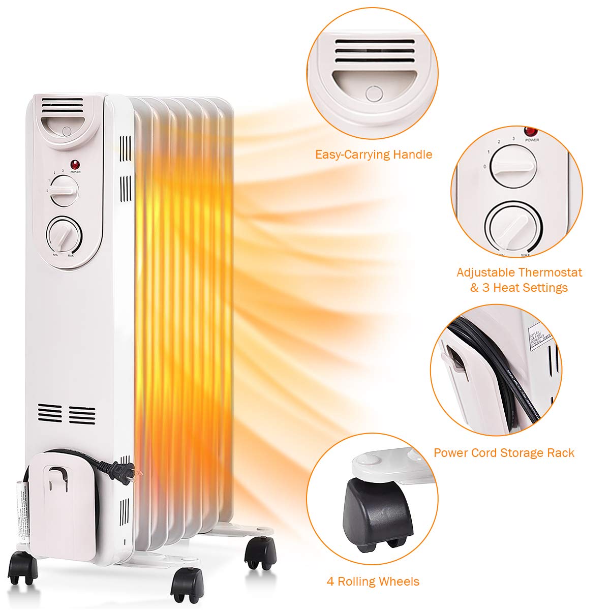 ARLIME 1500W Oil Filled Radiator Heater with Adjustable Thermostat - 3 Heat Settings, Overheat & Tip-Over Protection - Energy Efficient Portable Space Heater for Bedroom, Office, Living Room & Home Use - Quiet Electric Radiant Heater for Winter Warmth