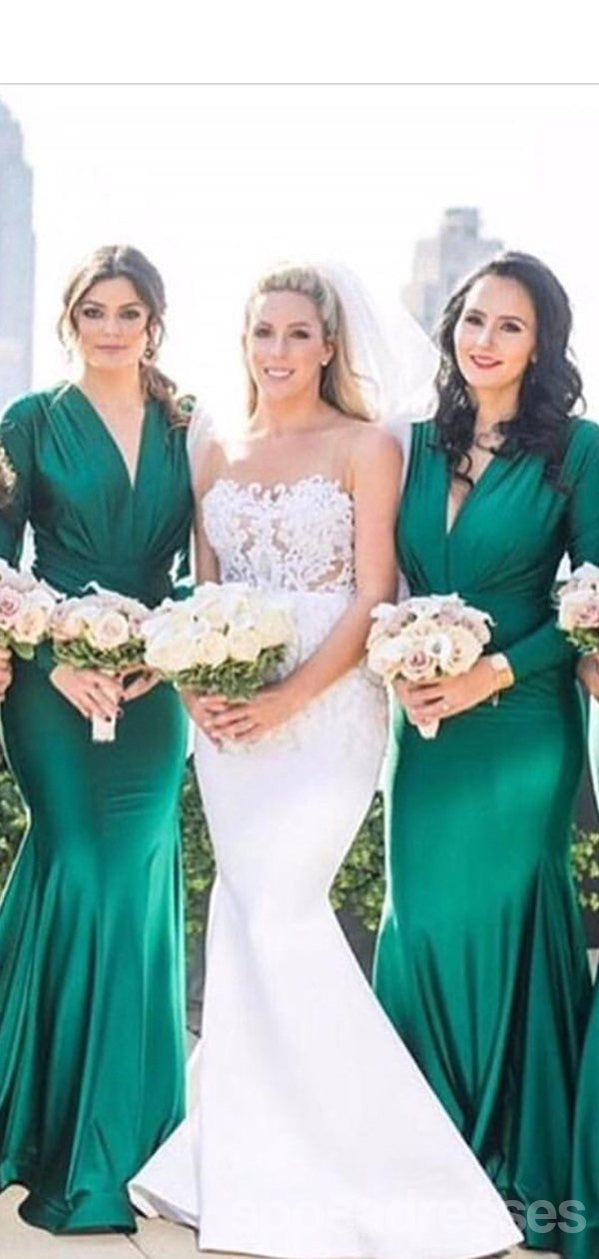Elegant Green Mermaid Long Sleeve V-Neck Bridesmaid Dress - WG1137 | Perfect for Weddings, Proms & Formal Events