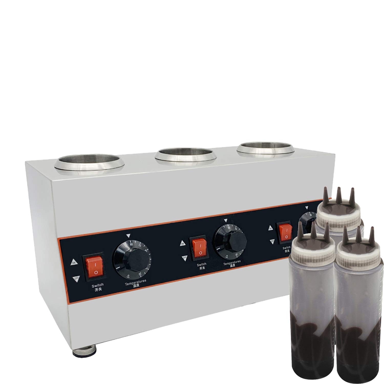 3-in-1 Silver Sauce Bottle Warmer with Squeeze Dispensers - Perfect for Chocolate, Cheese & Caramel Sauces - Ideal for Restaurants, Bakeries & Home Kitchens