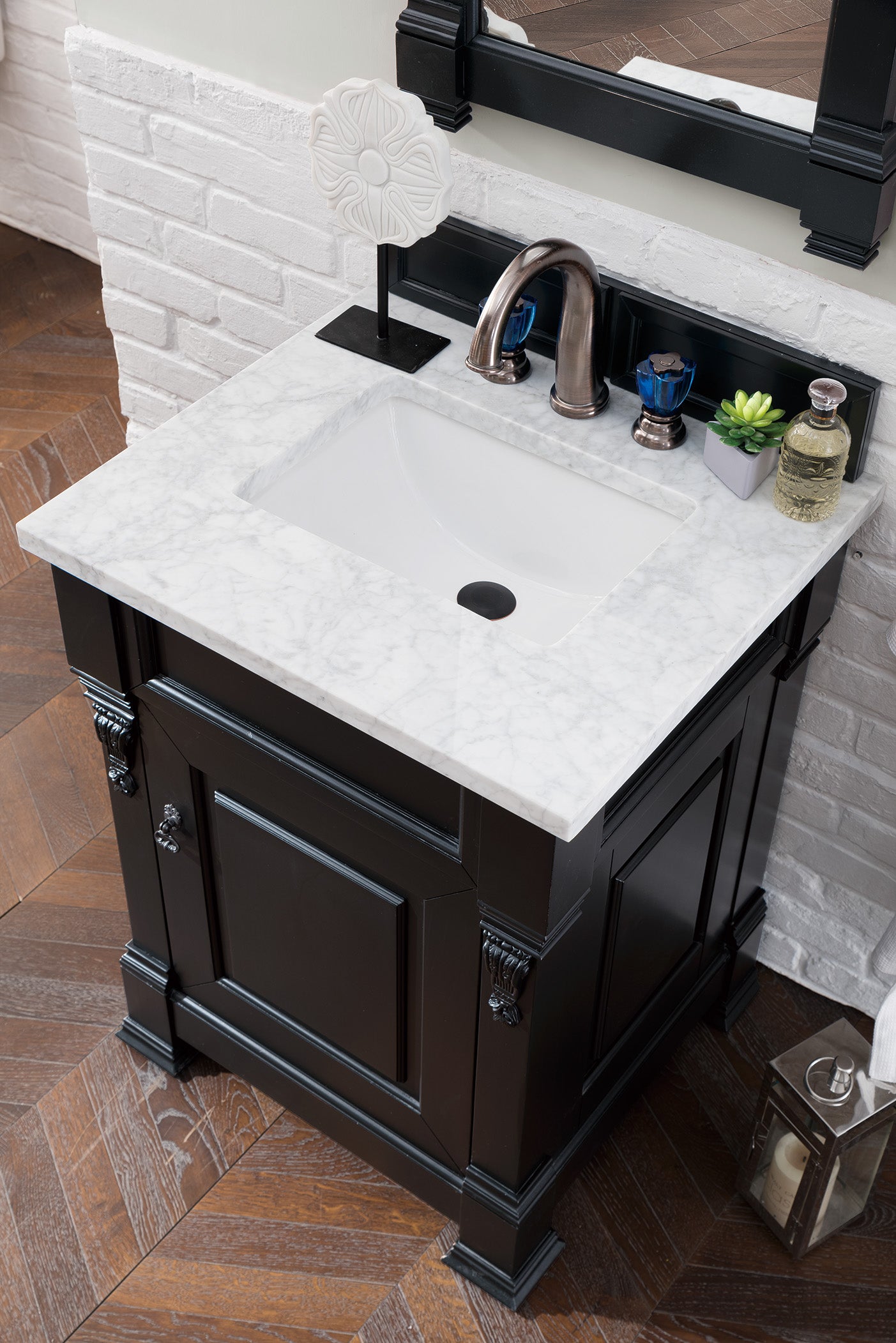 Brookfield 26 Inch Single Bathroom Vanity Set - Antique Black Finish with 3CM Carrara Marble Countertop | Modern Bathroom Storage Solution for Small Spaces