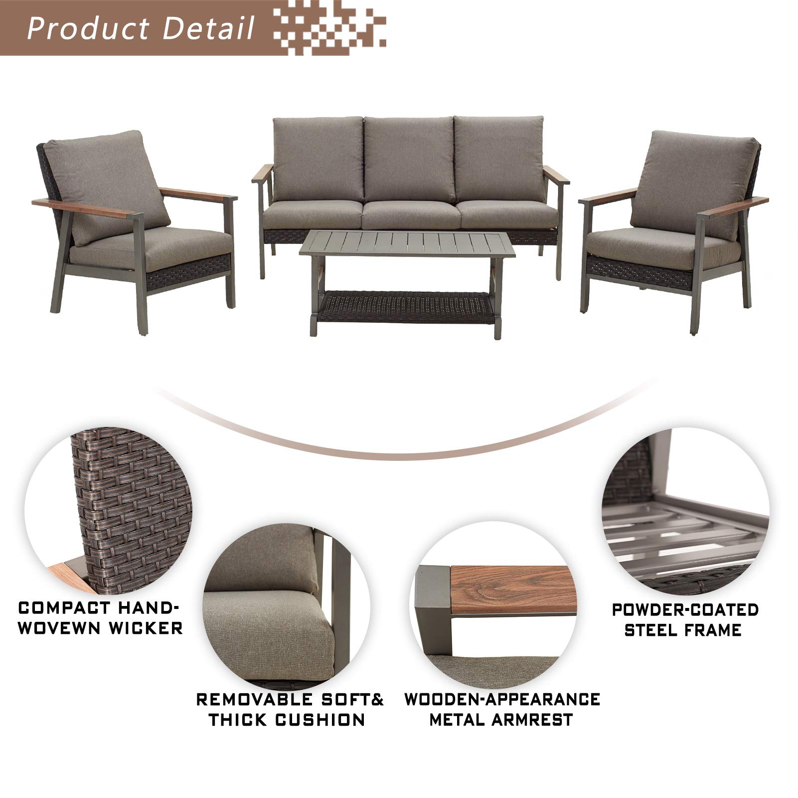 Festival Depot 4-Piece Outdoor Patio Conversation Set - Wicker Rattan Loveseat & Chairs with Thick Cushions + Metal Frame Coffee Table - Grey Garden Furniture for Deck, Backyard & Poolside Relaxation