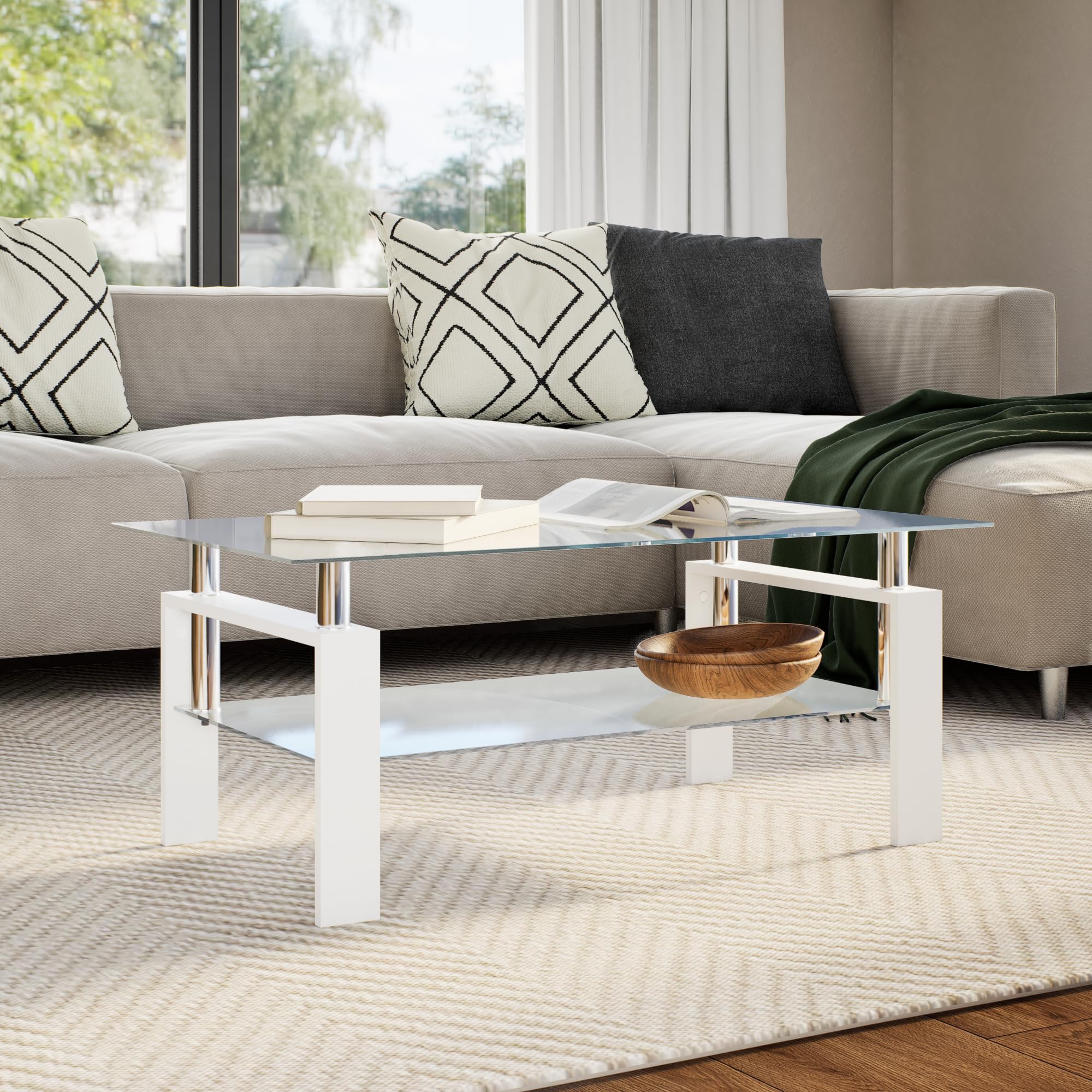 vidaXL White & Clear Tempered Glass Coffee Table with Storage Shelf - Modern Living Room Furniture, Safety Certified, Easy to Clean - Perfect for Small Spaces, Apartments & Contemporary Home Decor