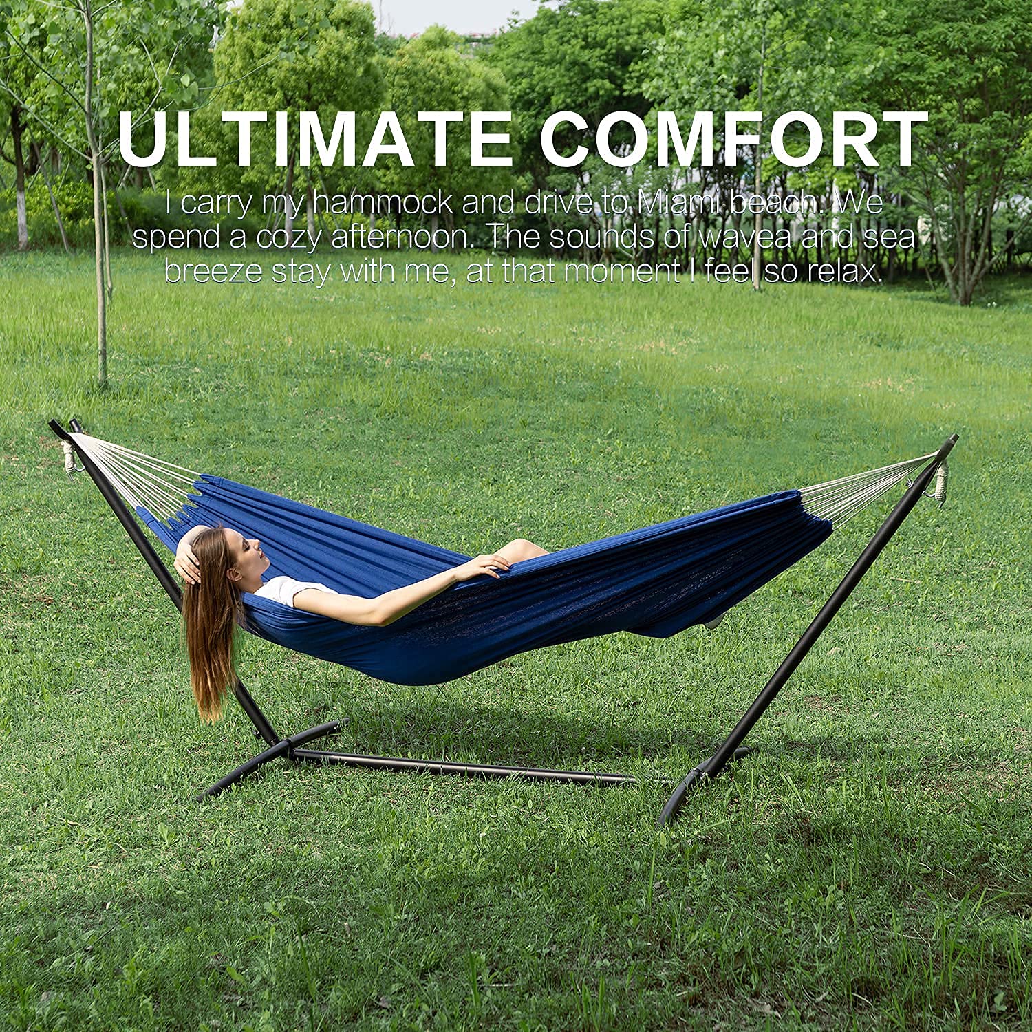 **PNAEUT Double Hammock with Space-Saving Steel Stand – 2-Person Heavy Duty 450lb Capacity for Garden, Yard, Outdoor Use – Perfect for Relaxing, Camping & Backyard Lounging (Navy Blue)**