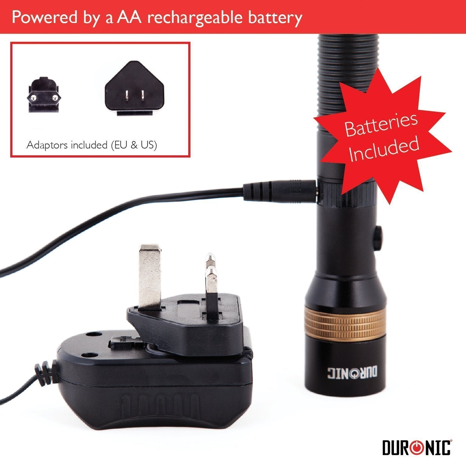 Duronic RFL901AA Rechargeable LED Flashlight - Super Bright 600m Beam, 2200mAh Battery, Adjustable Focus with AC Charger | Perfect for Camping, Hiking, Emergency & Outdoor Adventures